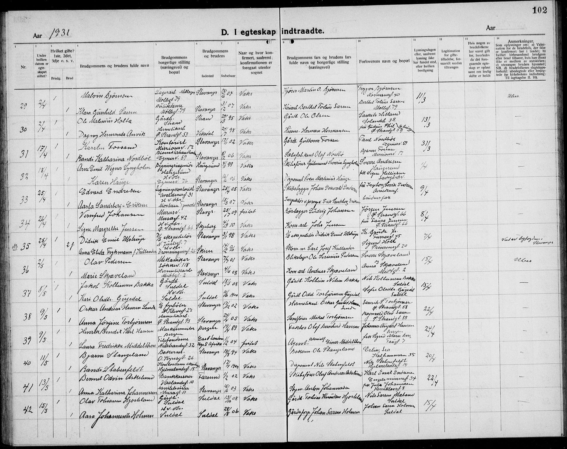 Domkirken sokneprestkontor, AV/SAST-A-101812/001/30/30BB/L0020: Klokkerbok nr. B 20, 1921-1937, s. 102