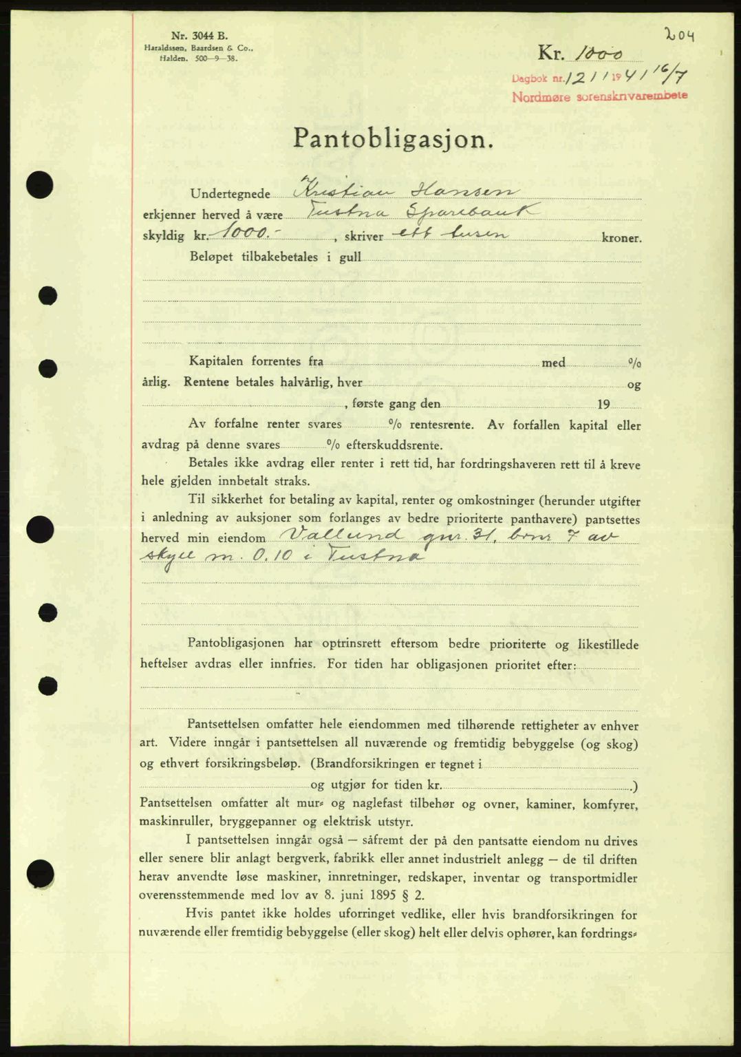 Nordmøre sorenskriveri, SAT/A-4132/1/2/2Ca: Pantebok nr. B88, 1941-1942, Dagboknr: 1211/1941