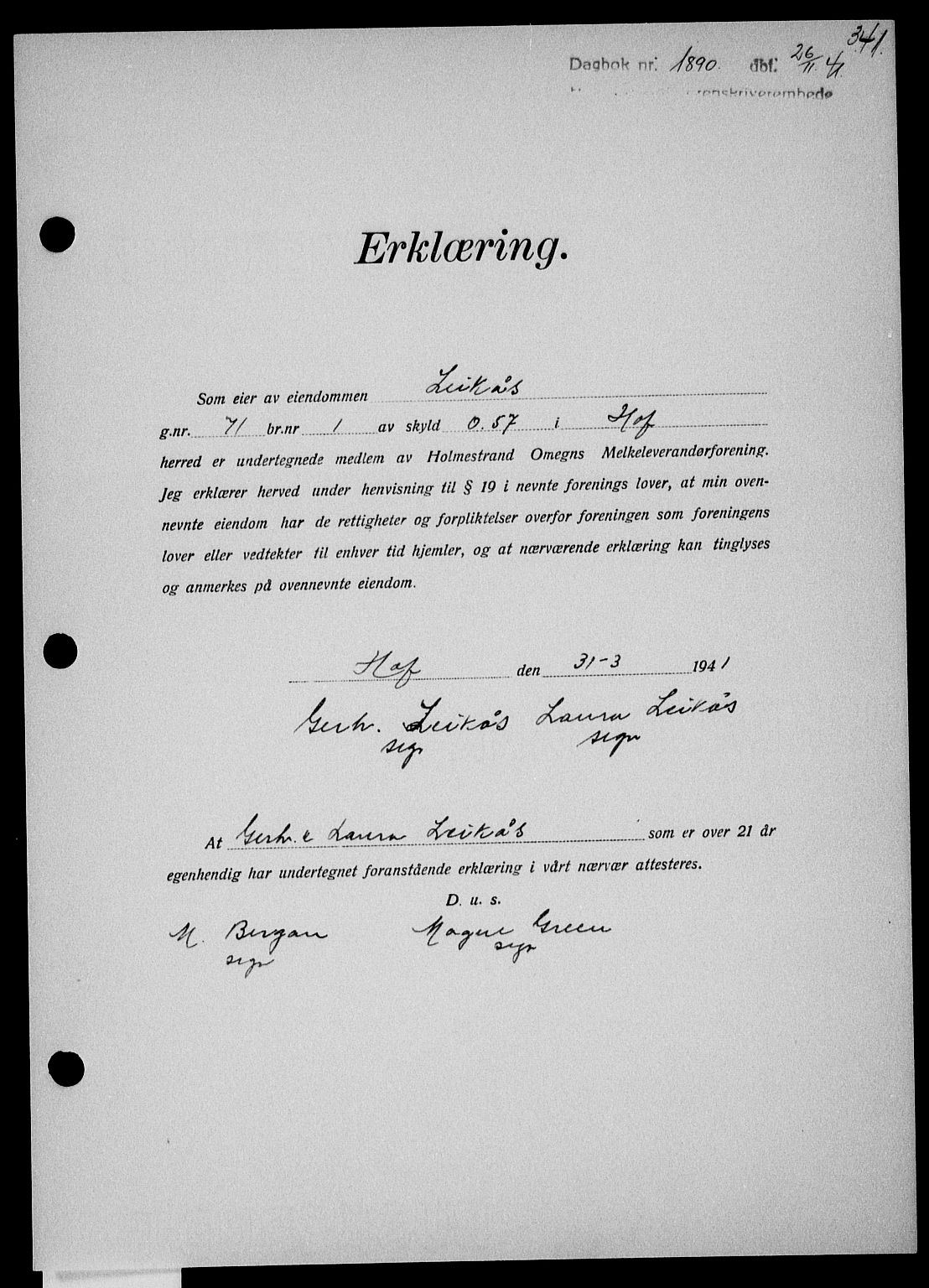 Holmestrand sorenskriveri, SAKO/A-67/G/Ga/Gaa/L0054: Pantebok nr. A-54, 1941-1942, Dagboknr: 1890/1941