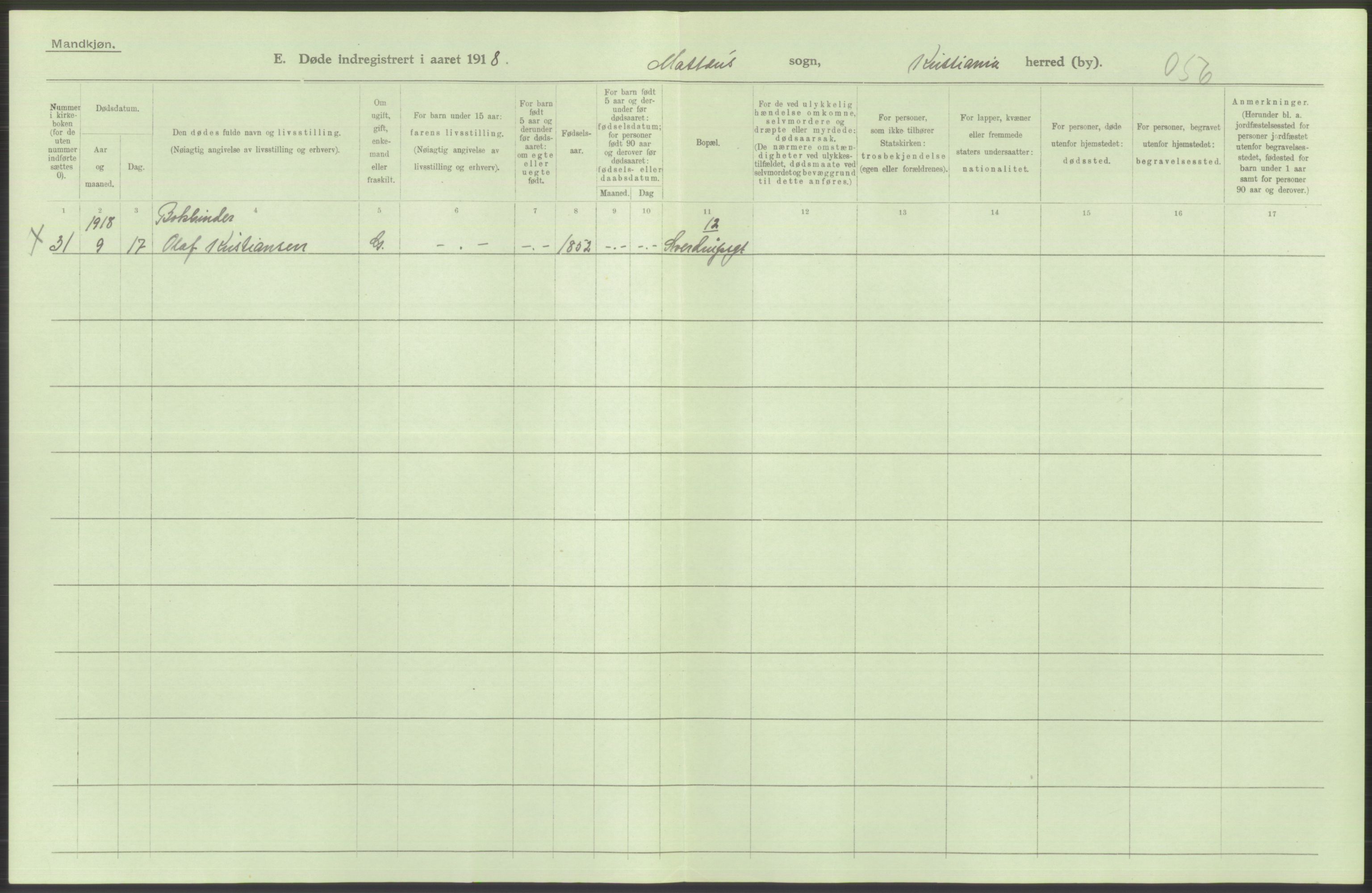 Statistisk sentralbyrå, Sosiodemografiske emner, Befolkning, RA/S-2228/D/Df/Dfb/Dfbh/L0010: Kristiania: Døde, 1918, s. 696