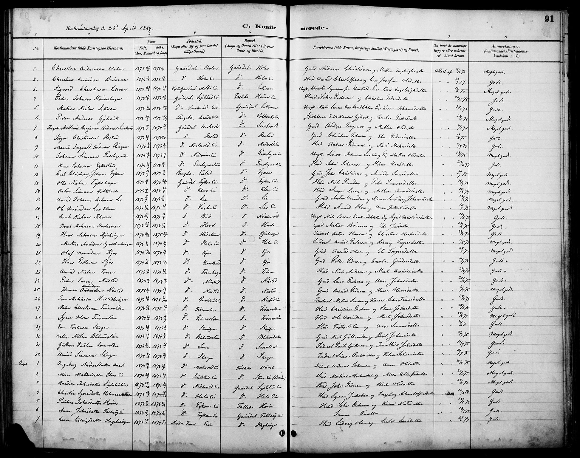 Østre Gausdal prestekontor, AV/SAH-PREST-092/H/Ha/Haa/L0002: Ministerialbok nr. 2, 1887-1897, s. 91