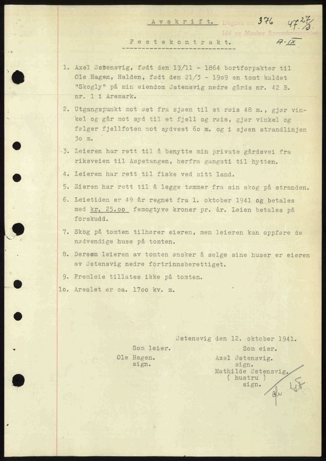 Idd og Marker sorenskriveri, SAO/A-10283/G/Gb/Gbb/L0009: Pantebok nr. A9, 1946-1947, Dagboknr: 376/1947