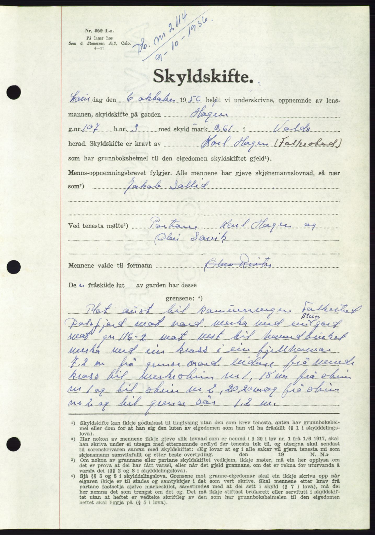 Søre Sunnmøre sorenskriveri, AV/SAT-A-4122/1/2/2C/L0104: Pantebok nr. 30A, 1956-1956, Dagboknr: 2114/1956