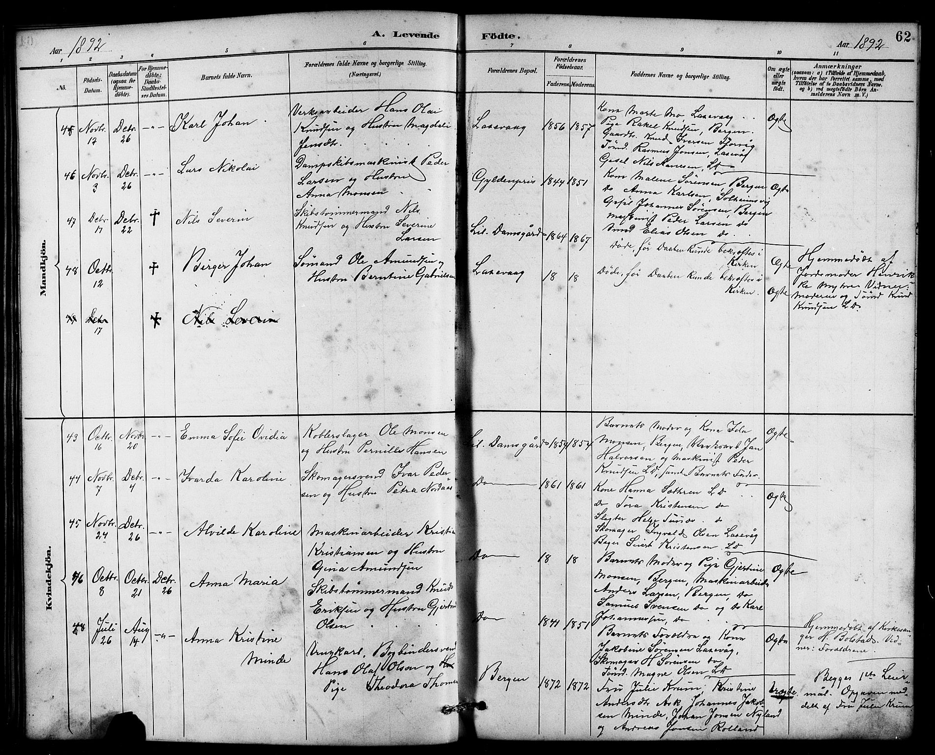 Laksevåg Sokneprestembete, AV/SAB-A-76501/H/Ha/Hab/Haba/L0003: Klokkerbok nr. A 3, 1887-1899, s. 62