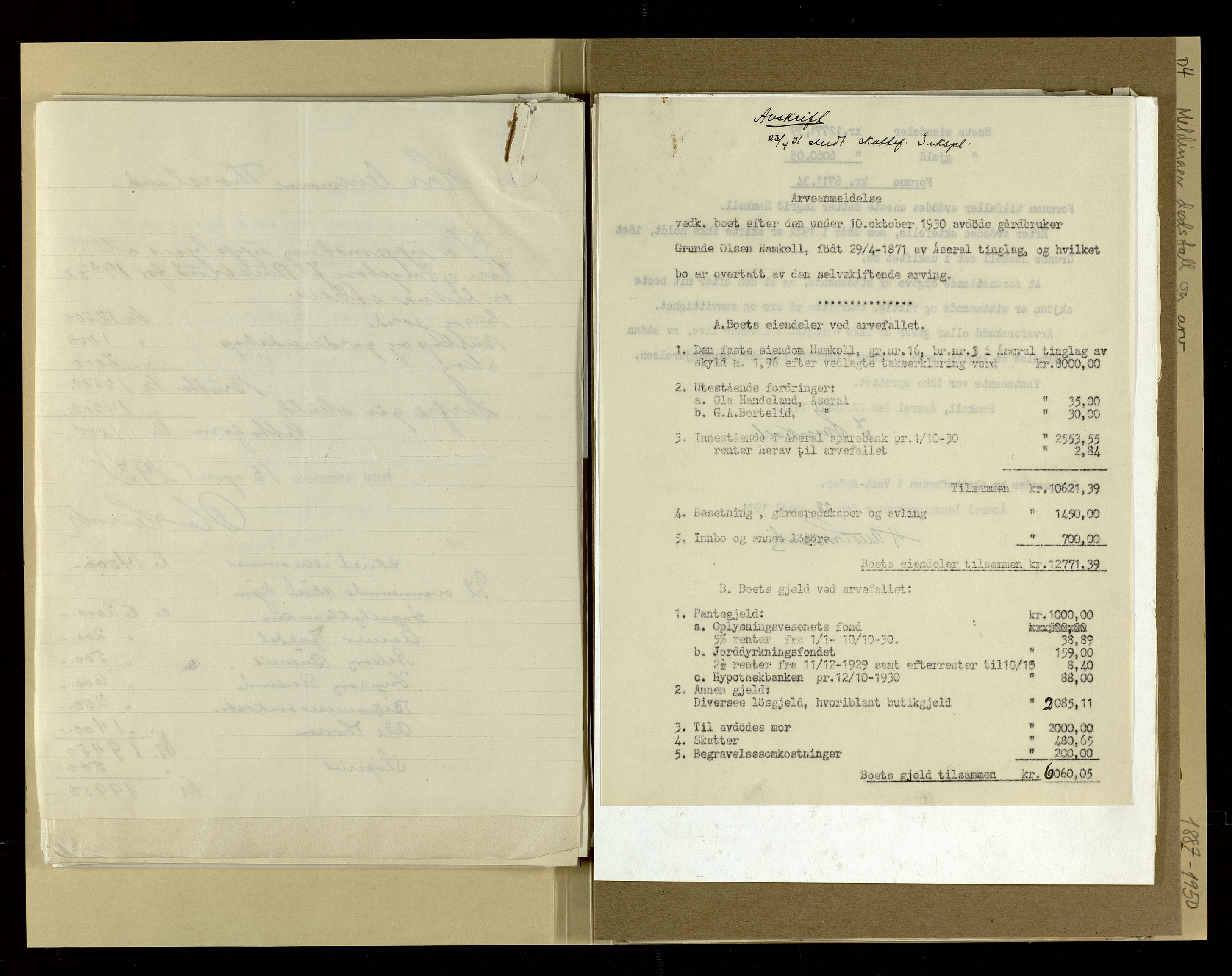 Åseral lensmannskontor, AV/SAK-1241-0055/F/Fe/L0001/0004: Dødsfallsprotokoller / Meldinger om dødsfall og arv, 1887-1950