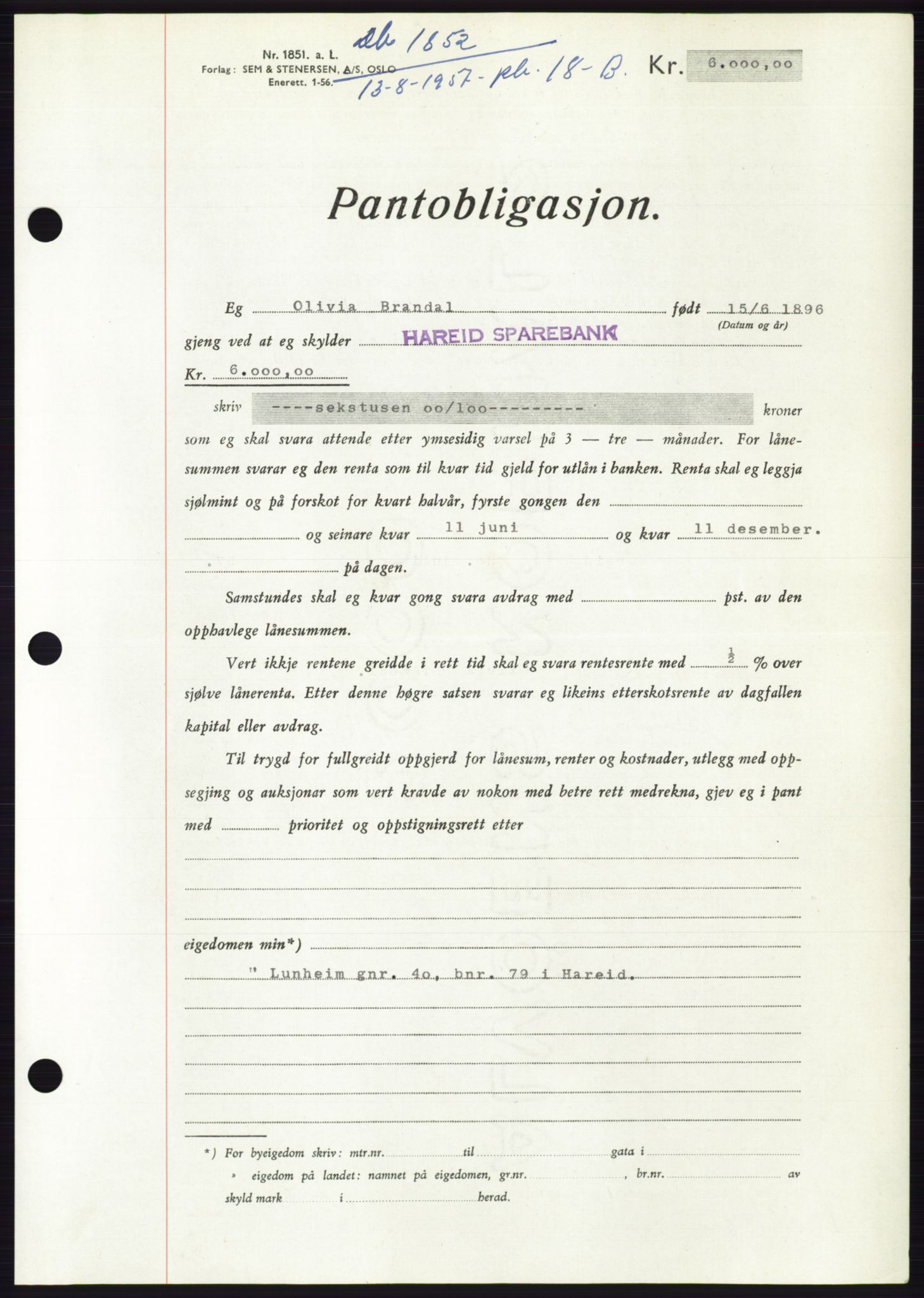 Søre Sunnmøre sorenskriveri, AV/SAT-A-4122/1/2/2C/L0130: Pantebok nr. 18B, 1957-1958, Dagboknr: 1852/1957