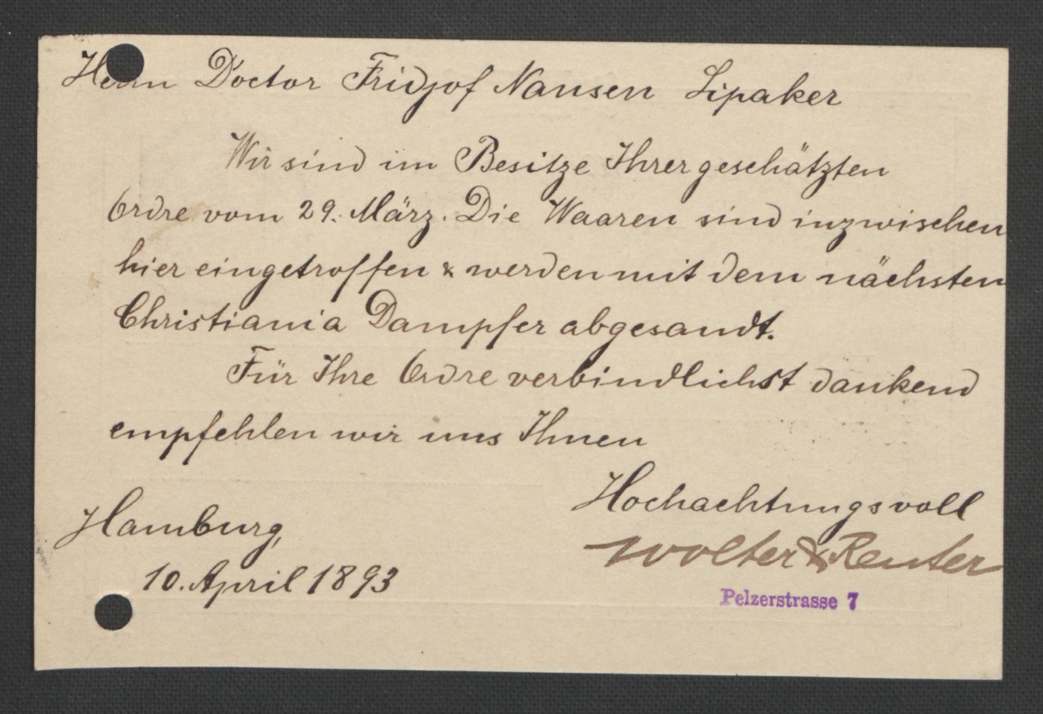 Arbeidskomitéen for Fridtjof Nansens polarekspedisjon, AV/RA-PA-0061/D/L0004: Innk. brev og telegrammer vedr. proviant og utrustning, 1892-1893, s. 588