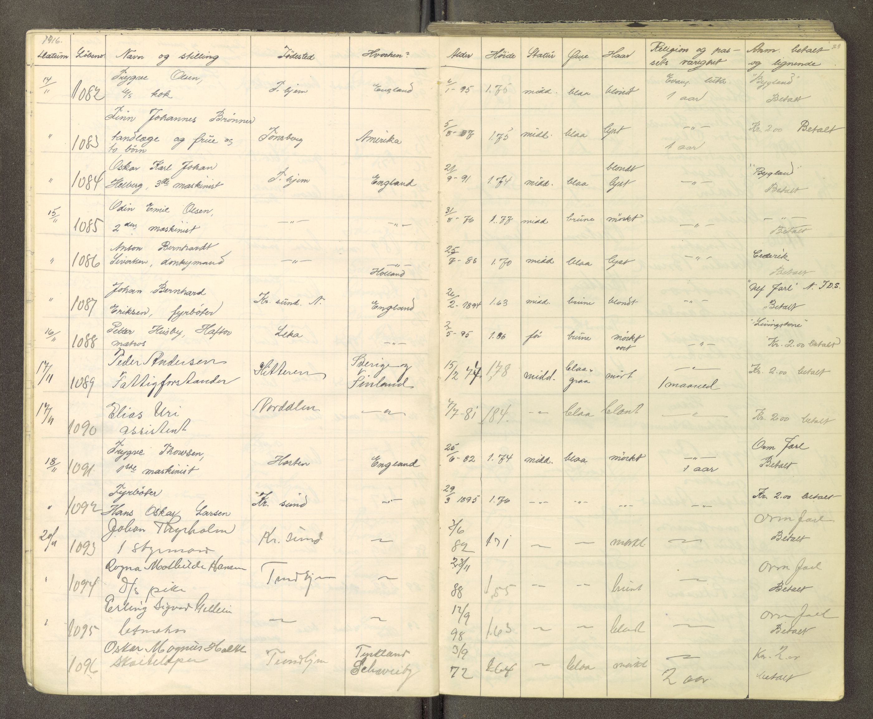 Trondheim politikammer, AV/SAT-A-1887/1/30/L0015: Passprotokoll. Utstedte pass, 1916-1918, s. 29