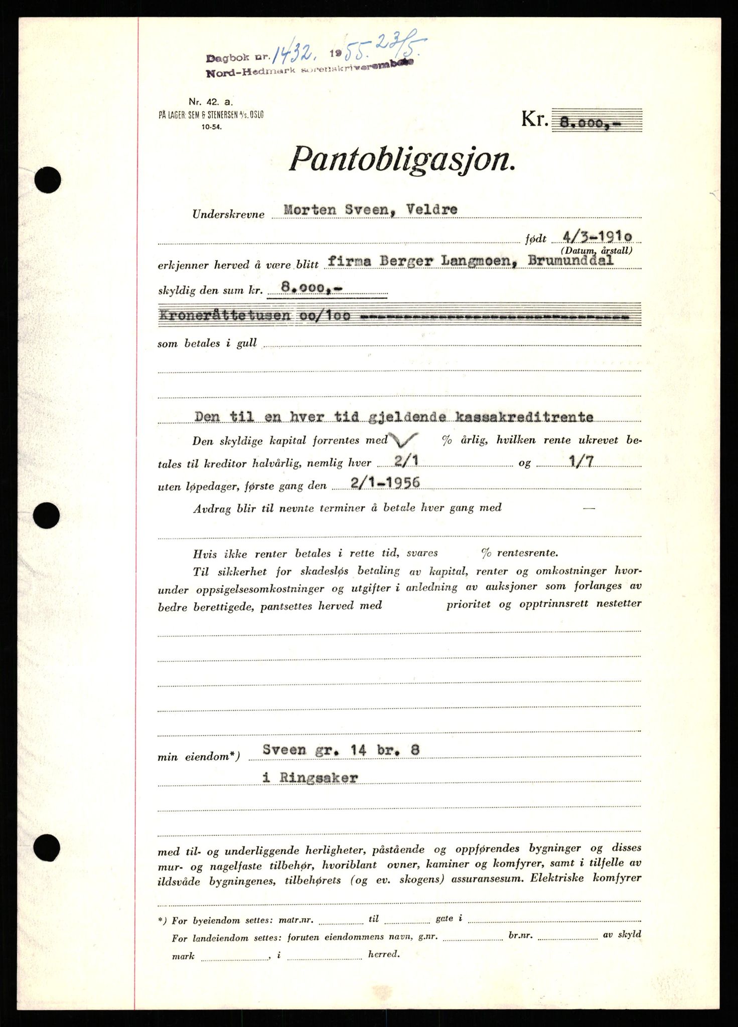 Nord-Hedmark sorenskriveri, SAH/TING-012/H/Hb/Hbf/L0032: Pantebok nr. B32, 1955-1955, Dagboknr: 1432/1952