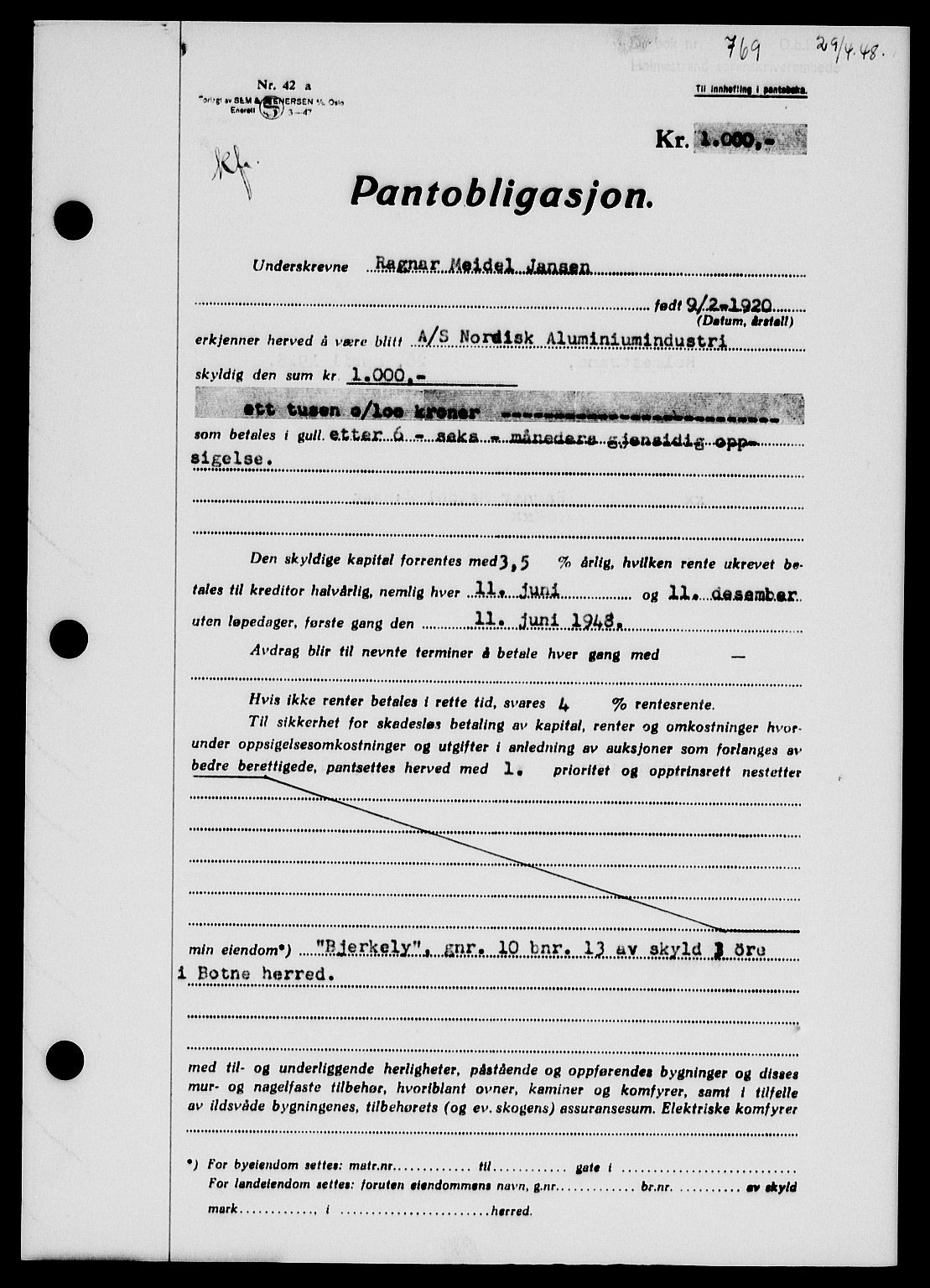Holmestrand sorenskriveri, SAKO/A-67/G/Ga/Gab/L0058: Pantebok nr. B-58, 1947-1948, Dagboknr: 769/1948