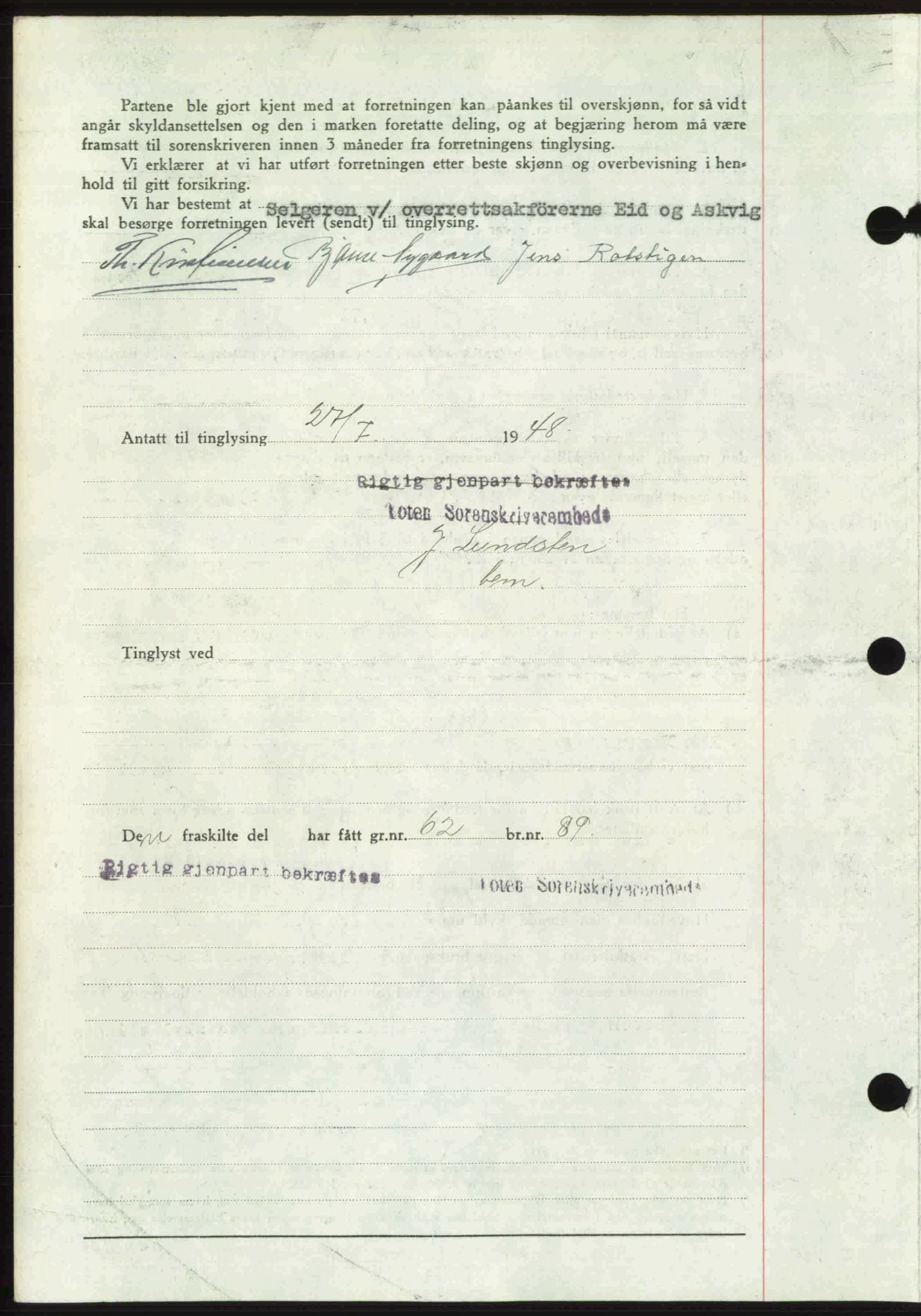 Toten tingrett, SAH/TING-006/H/Hb/Hbc/L0020: Pantebok nr. Hbc-20, 1948-1948, Dagboknr: 2325/1948