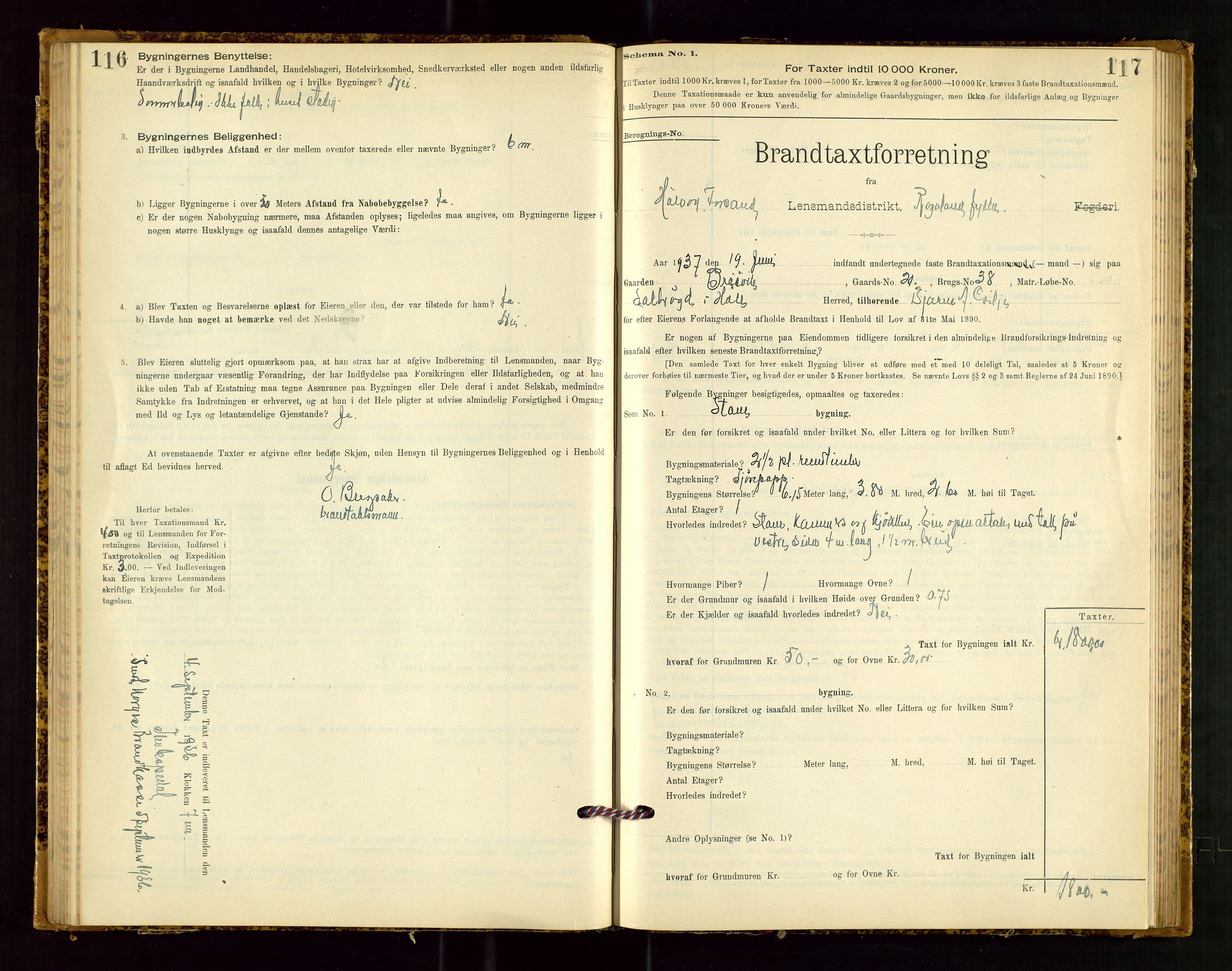 Høle og Forsand lensmannskontor, SAST/A-100127/Gob/L0001: "Brandtaxtprotokol" - skjematakst, 1897-1940, s. 116-117