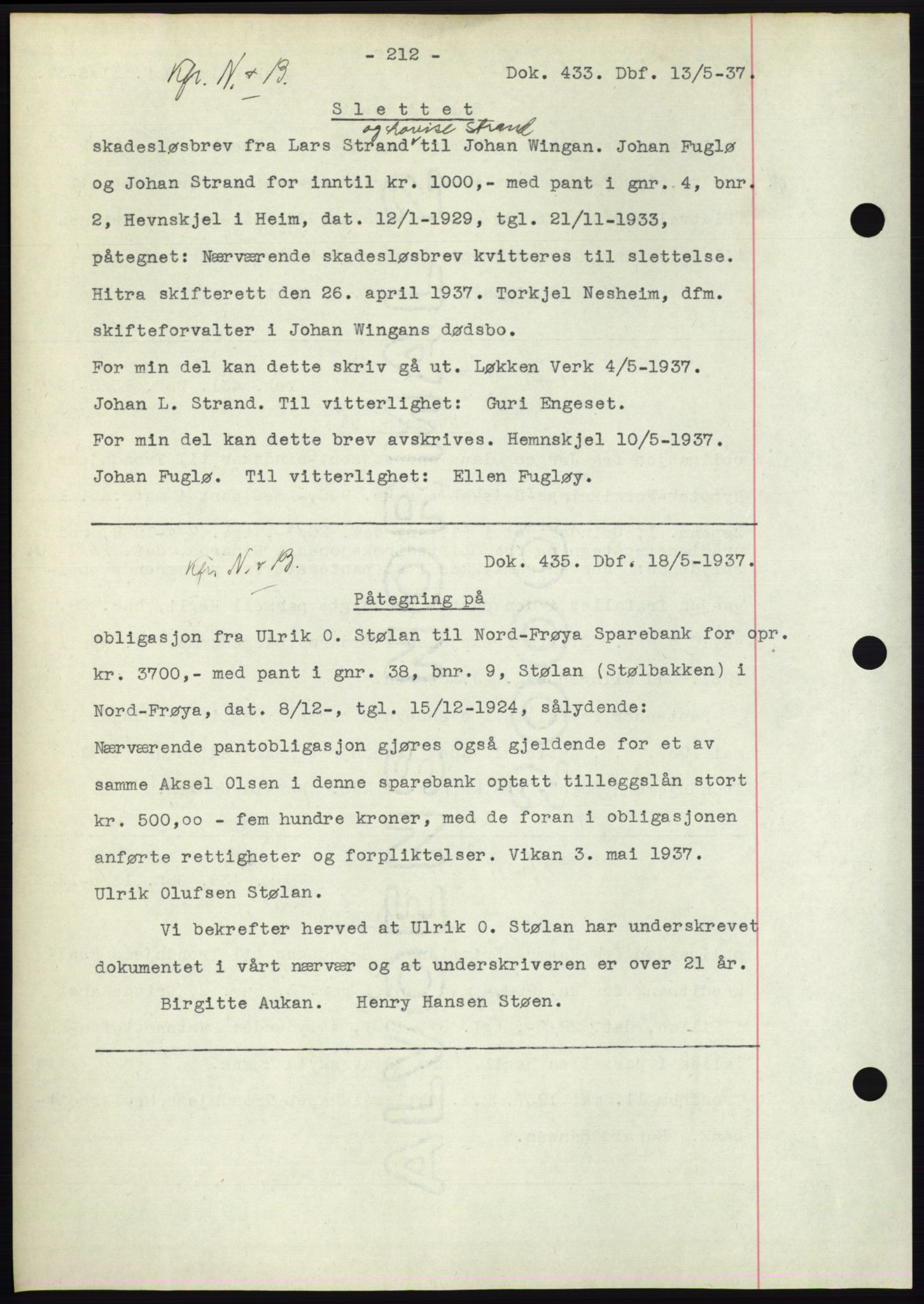 Hitra sorenskriveri, AV/SAT-A-0018/2/2C/2Ca: Pantebok nr. C1, 1936-1945, Dagboknr: 433/1937