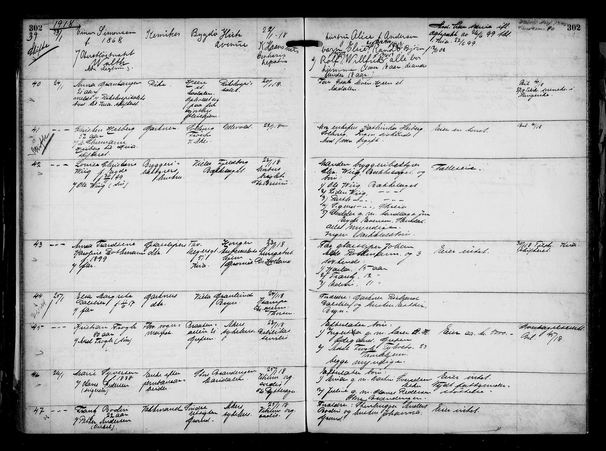 Aker kriminaldommer, skifte- og auksjonsforvalterembete, AV/SAO-A-10452/H/Hb/Hba/Hbaa/L0004: Dødsfallsprotokoll, 1914-1918, s. 302