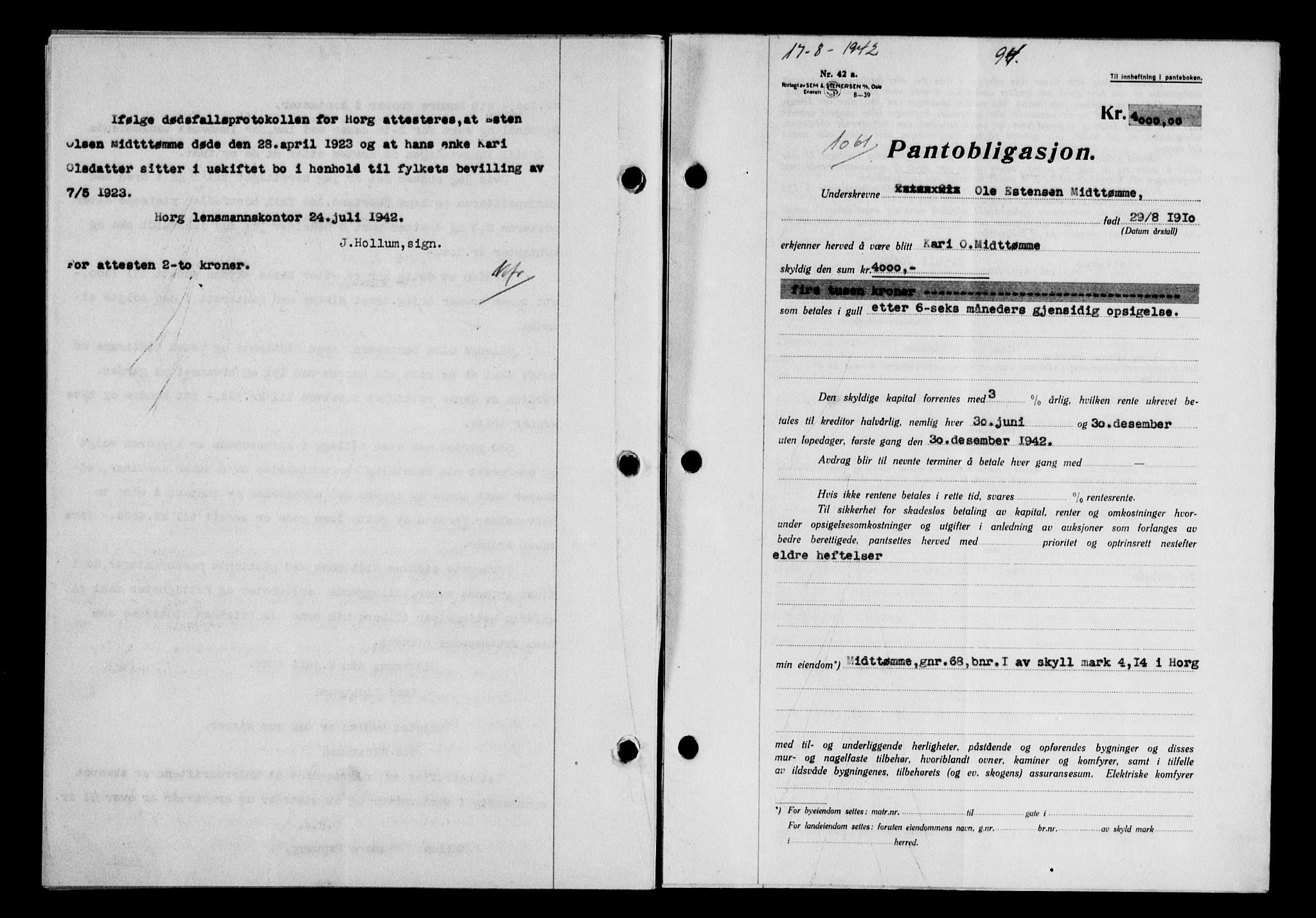 Gauldal sorenskriveri, SAT/A-0014/1/2/2C/L0055: Pantebok nr. 60, 1942-1942, Dagboknr: 1061/1942