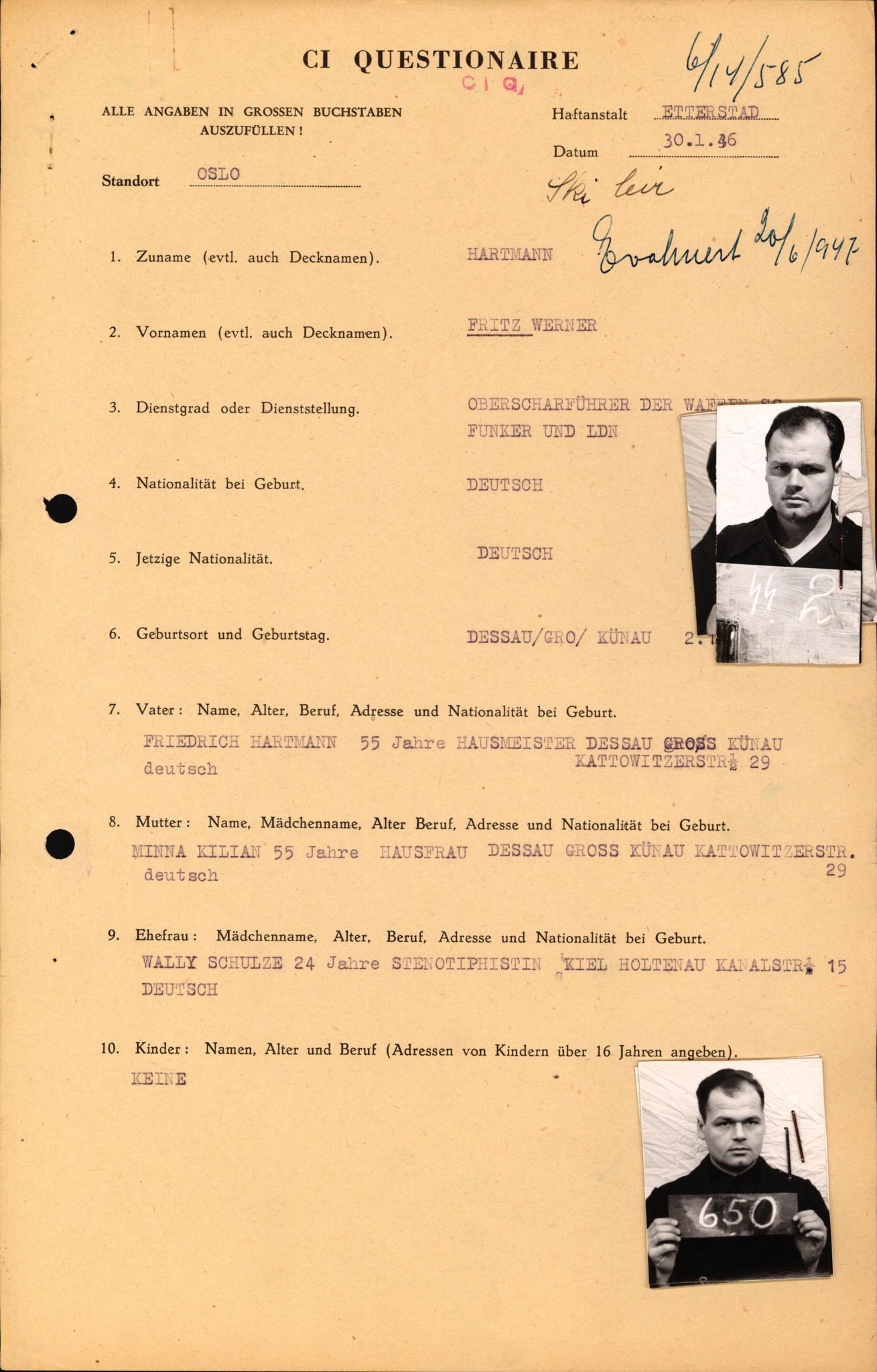 Forsvaret, Forsvarets overkommando II, AV/RA-RAFA-3915/D/Db/L0012: CI Questionaires. Tyske okkupasjonsstyrker i Norge. Tyskere., 1945-1946, s. 73