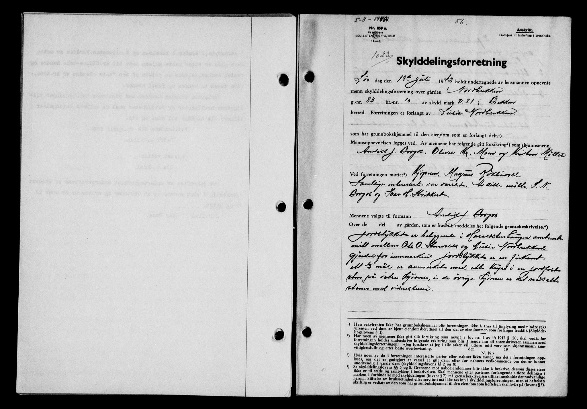 Gauldal sorenskriveri, SAT/A-0014/1/2/2C/L0055: Pantebok nr. 60, 1942-1942, Dagboknr: 1023/1942