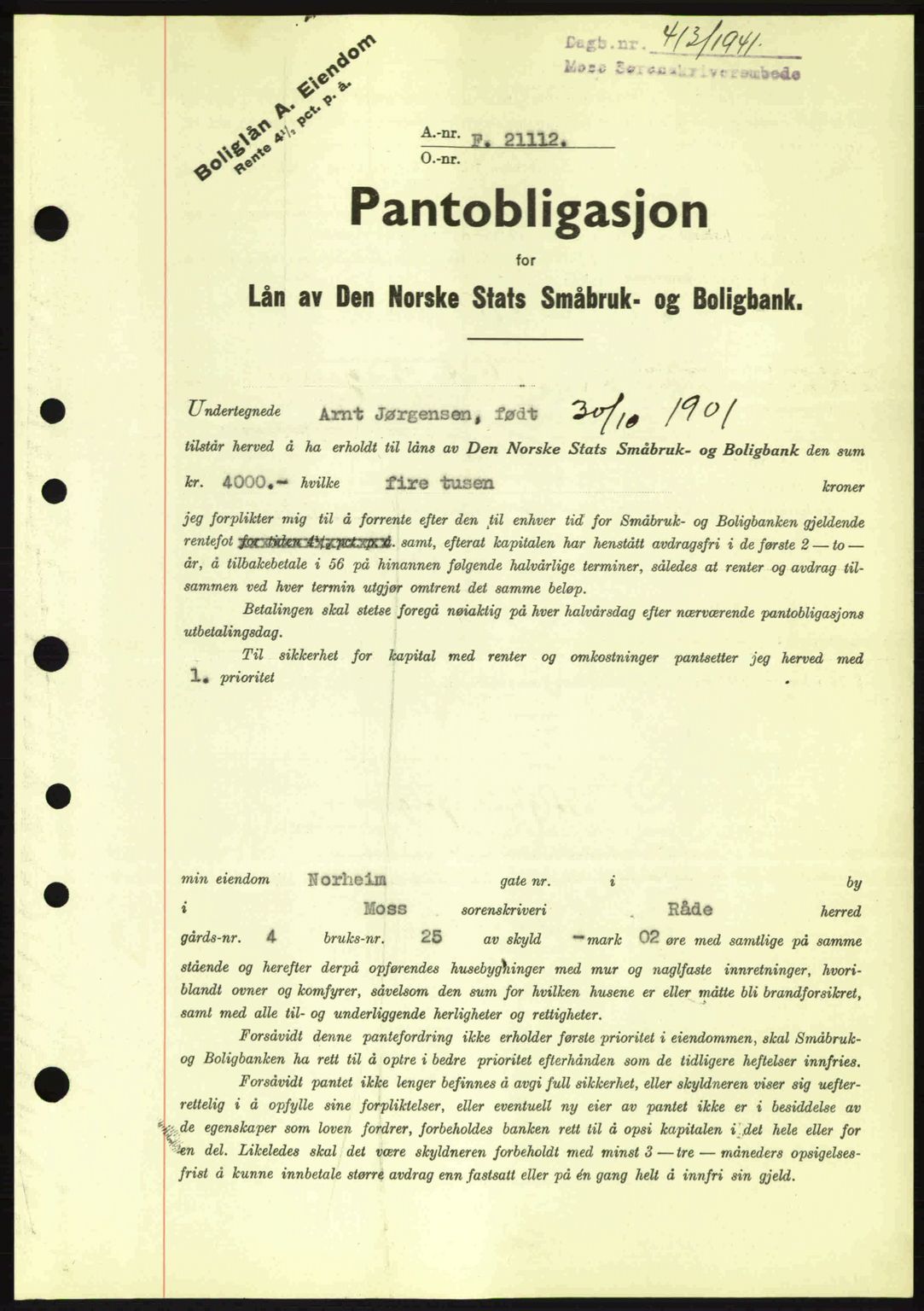 Moss sorenskriveri, SAO/A-10168: Pantebok nr. B10, 1940-1941, Dagboknr: 413/1941