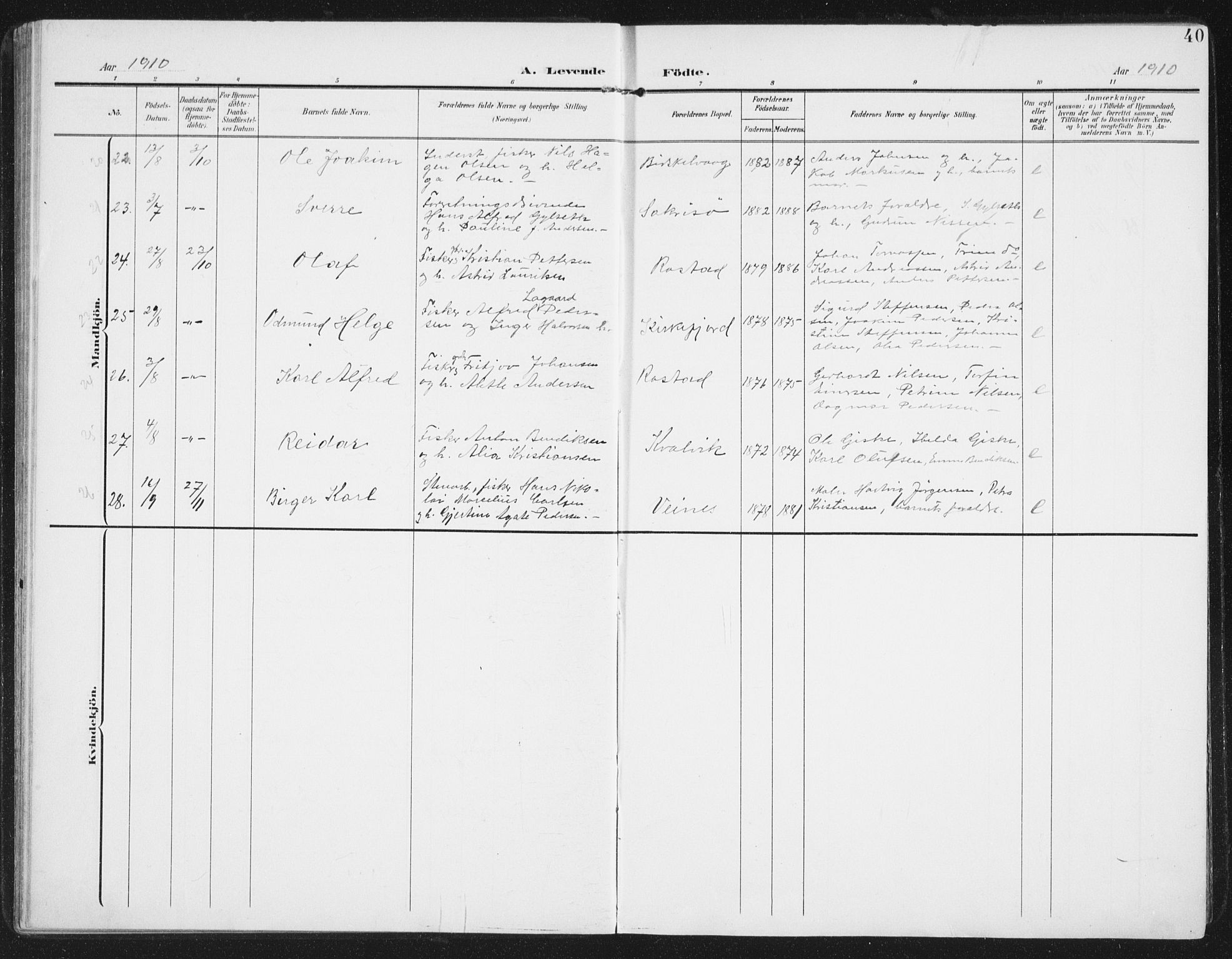 Ministerialprotokoller, klokkerbøker og fødselsregistre - Nordland, SAT/A-1459/886/L1221: Ministerialbok nr. 886A03, 1903-1913, s. 40