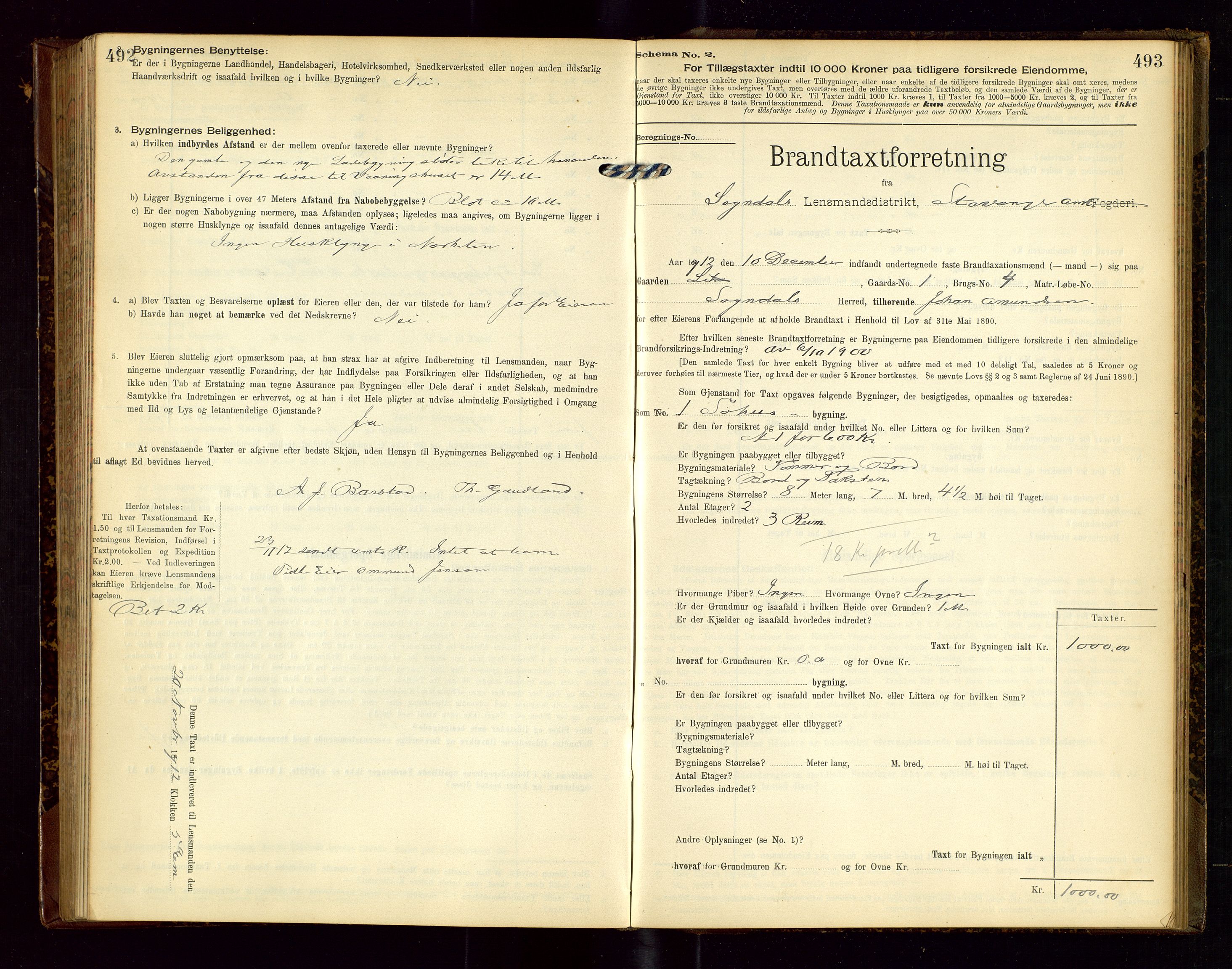 Sokndal lensmannskontor, AV/SAST-A-100417/Gob/L0002: "Brandtaxt-Protokol", 1902-1914, s. 492-493