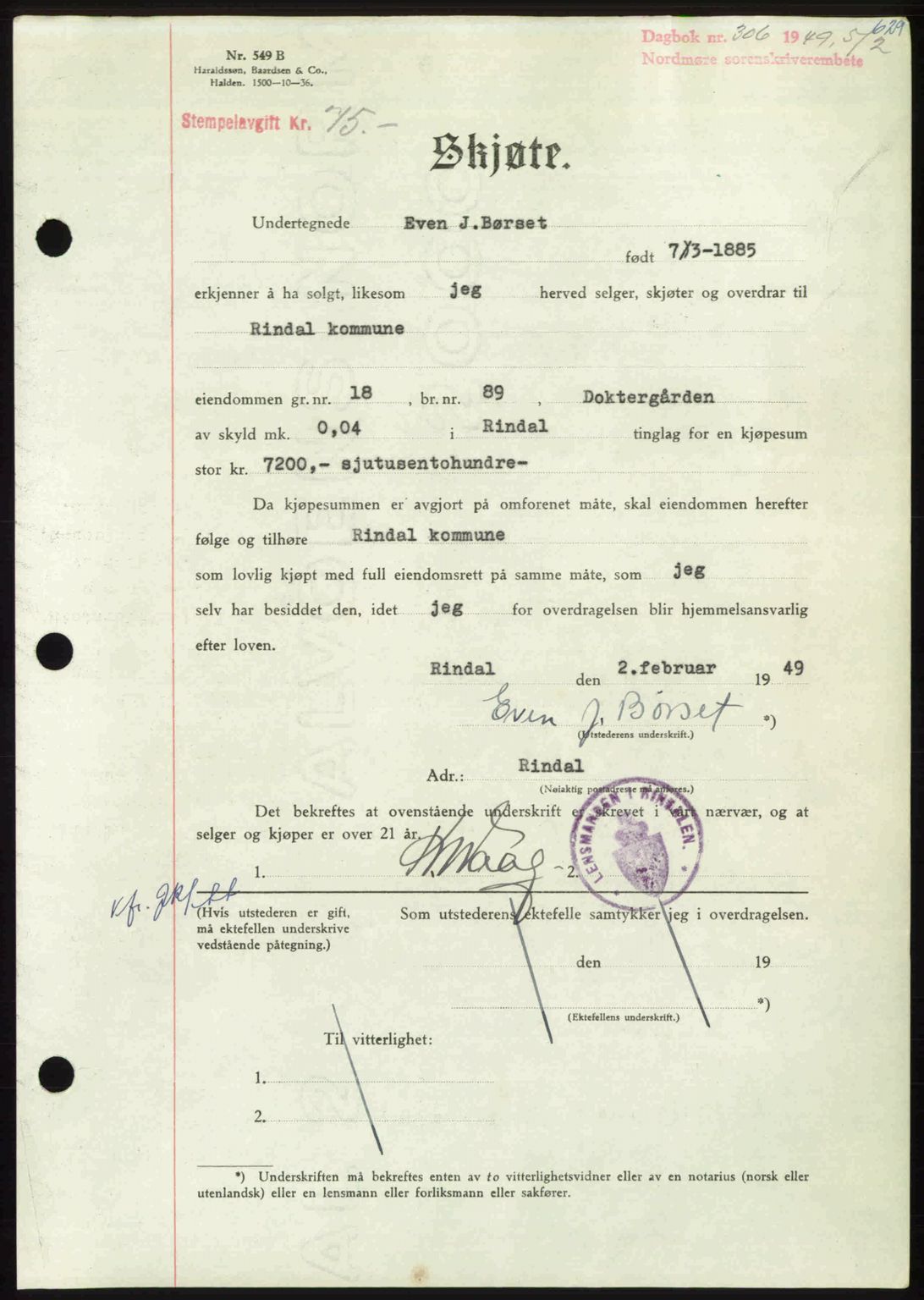 Nordmøre sorenskriveri, AV/SAT-A-4132/1/2/2Ca: Pantebok nr. A110, 1948-1949, Dagboknr: 306/1949