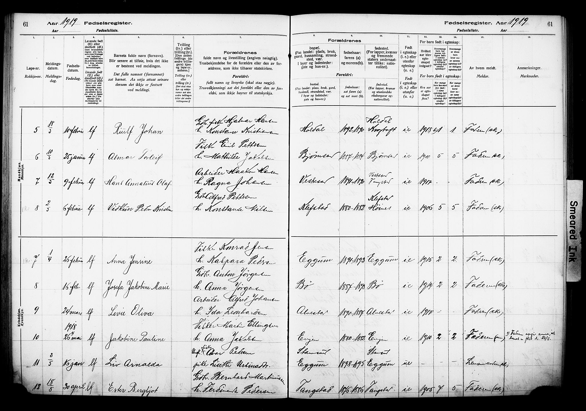 Ministerialprotokoller, klokkerbøker og fødselsregistre - Nordland, SAT/A-1459/880/L1145: Fødselsregister nr. 880.II.4.1, 1916-1929, s. 61