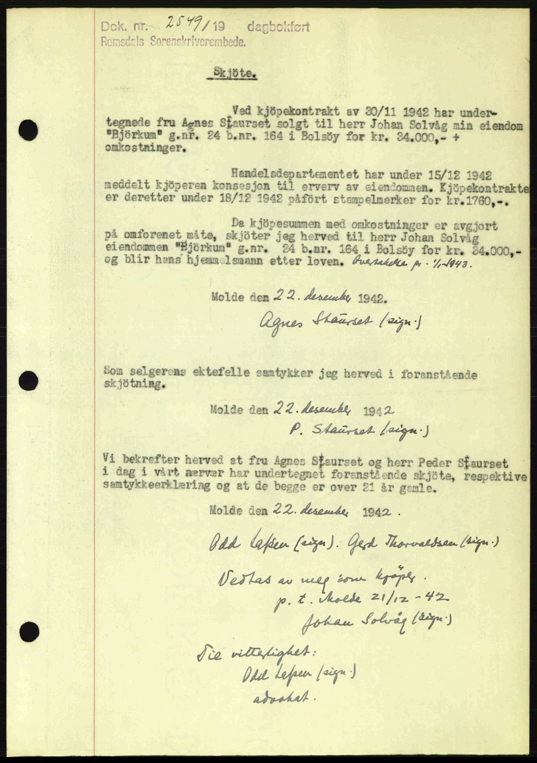 Romsdal sorenskriveri, SAT/A-4149/1/2/2C: Pantebok nr. A13, 1942-1943, Dagboknr: 2549/1942
