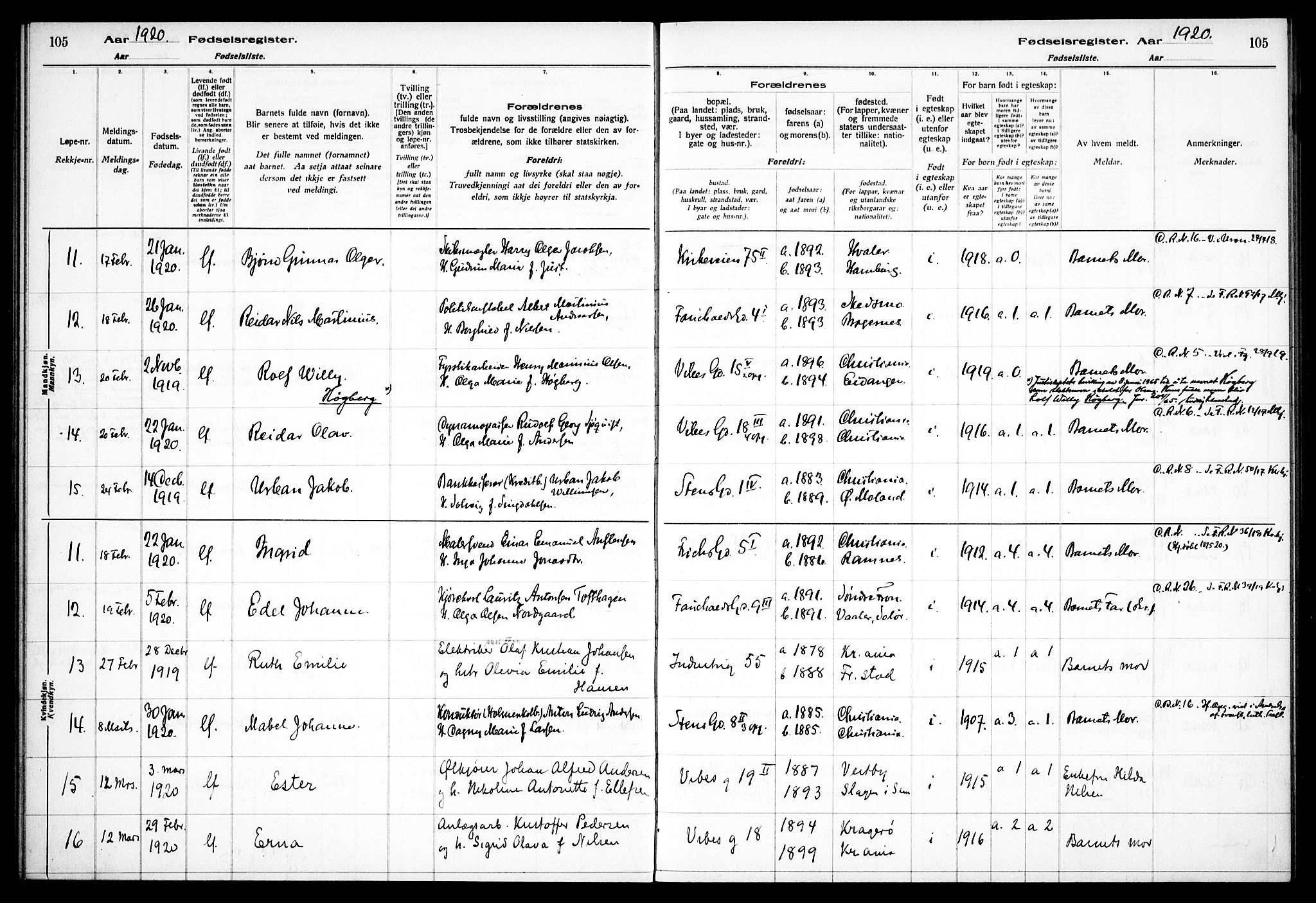 Fagerborg prestekontor Kirkebøker, AV/SAO-A-10844/J/Ja/L0001: Fødselsregister nr. 1, 1916-1925, s. 105