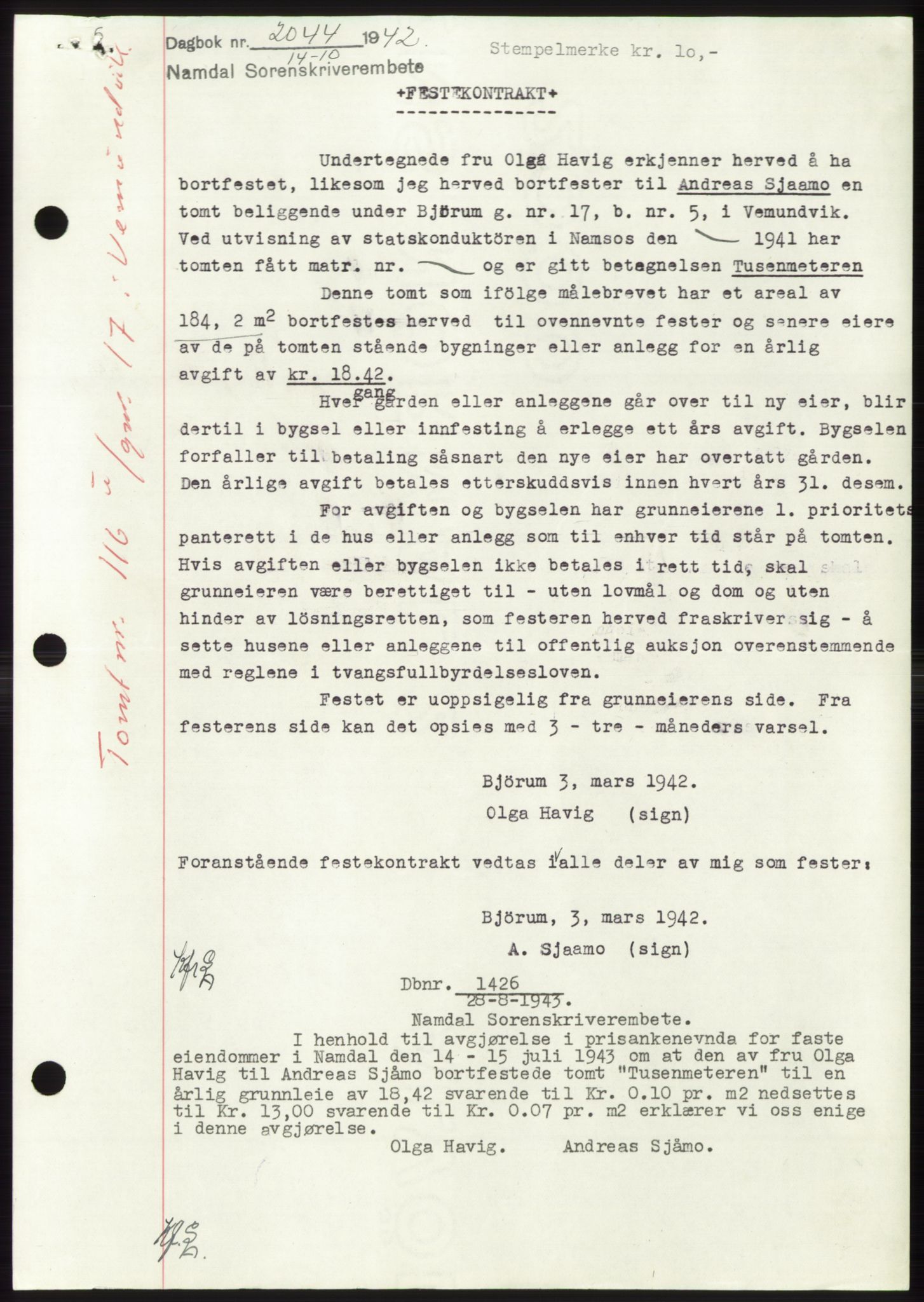Namdal sorenskriveri, SAT/A-4133/1/2/2C: Pantebok nr. -, 1942-1943, Dagboknr: 2044/1942