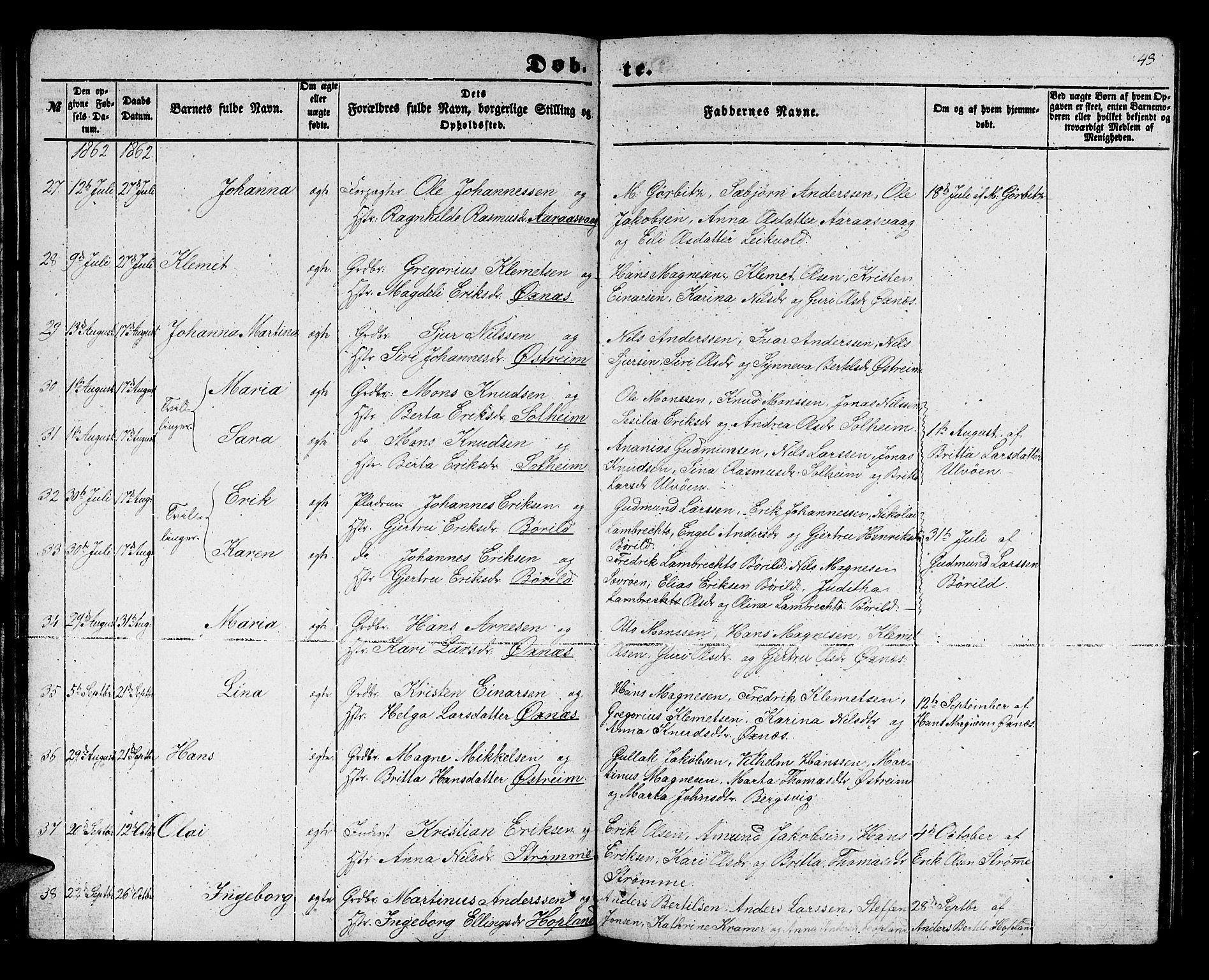 Lindås Sokneprestembete, AV/SAB-A-76701/H/Hab/Habc/L0001: Klokkerbok nr. C 1, 1853-1867, s. 43