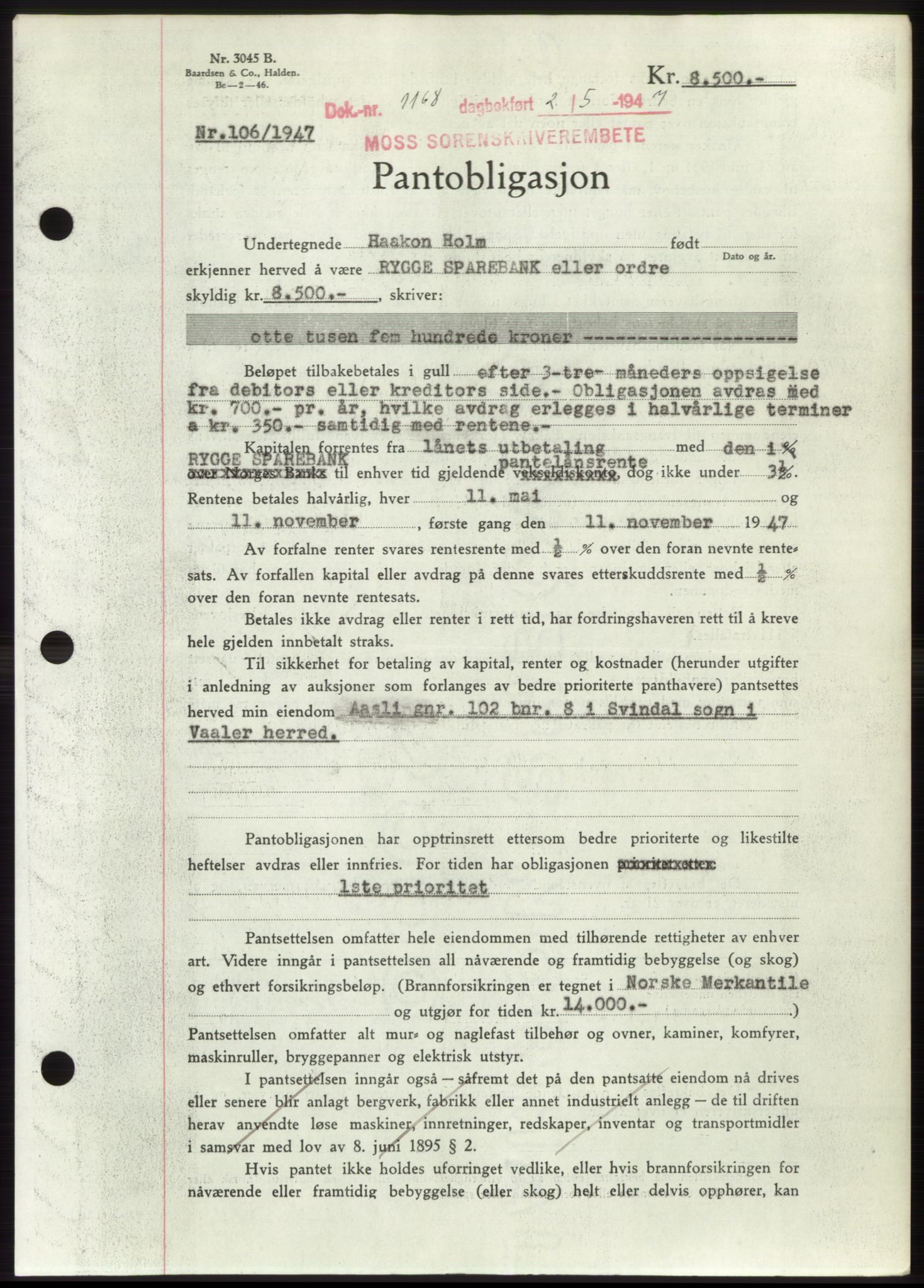 Moss sorenskriveri, SAO/A-10168: Pantebok nr. B17, 1947-1947, Dagboknr: 1168/1947