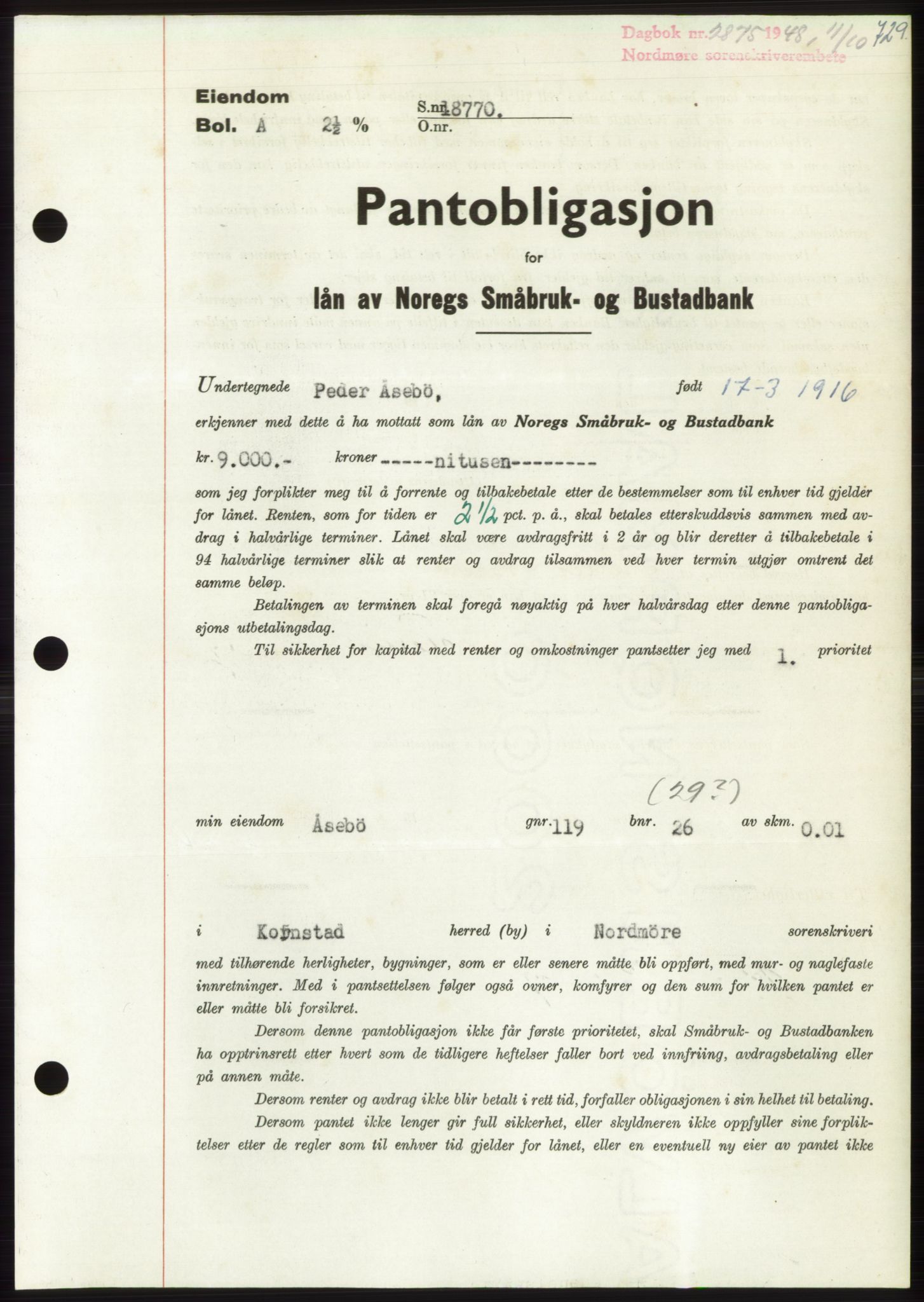 Nordmøre sorenskriveri, SAT/A-4132/1/2/2Ca: Pantebok nr. B99, 1948-1948, Dagboknr: 2875/1948
