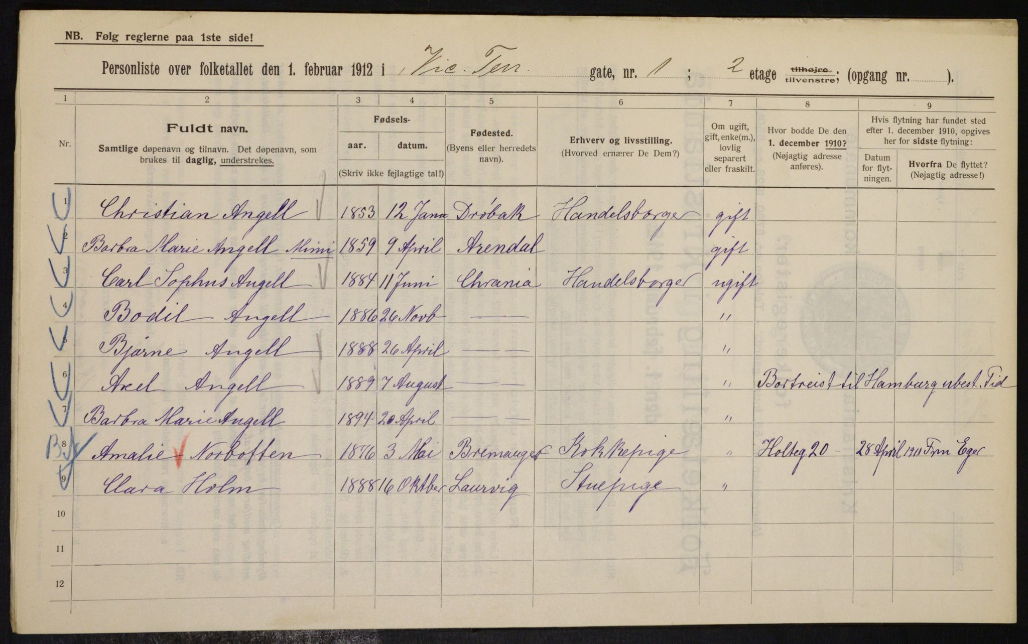 OBA, Kommunal folketelling 1.2.1912 for Kristiania, 1912, s. 123436