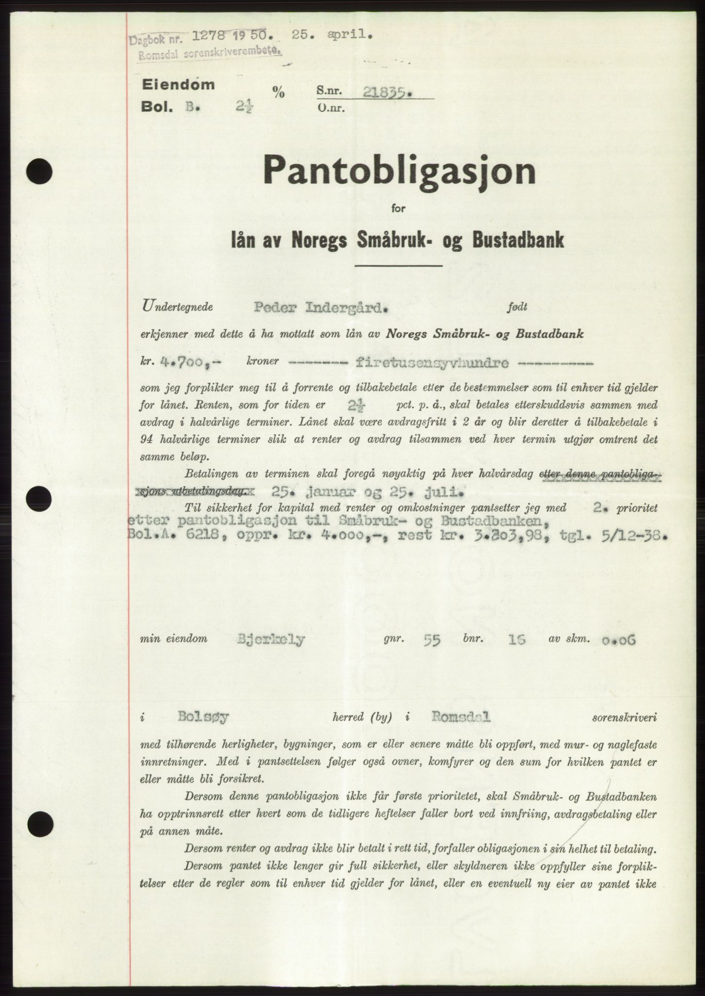 Romsdal sorenskriveri, AV/SAT-A-4149/1/2/2C: Pantebok nr. B5, 1949-1950, Dagboknr: 1278/1950