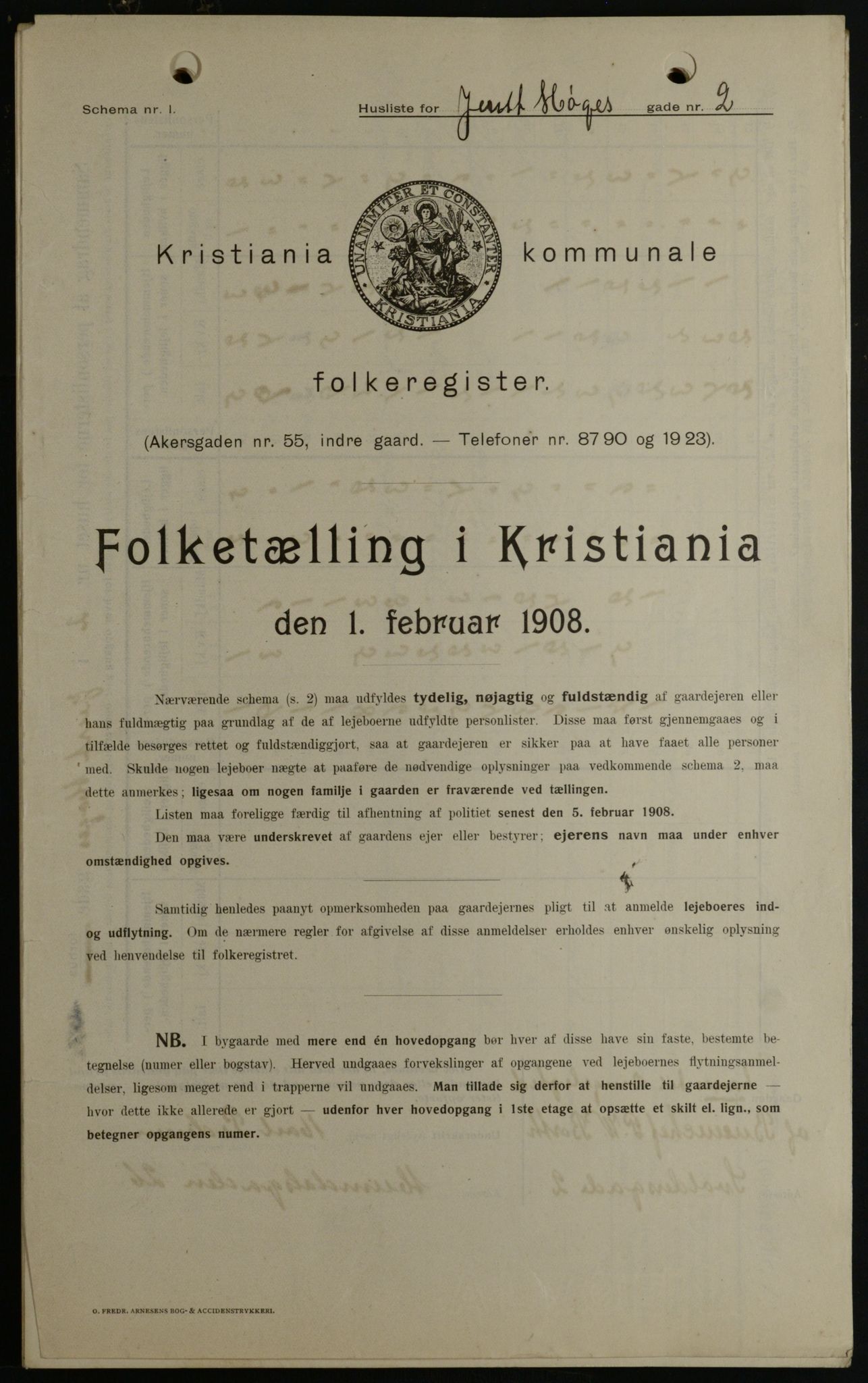 OBA, Kommunal folketelling 1.2.1908 for Kristiania kjøpstad, 1908, s. 42558