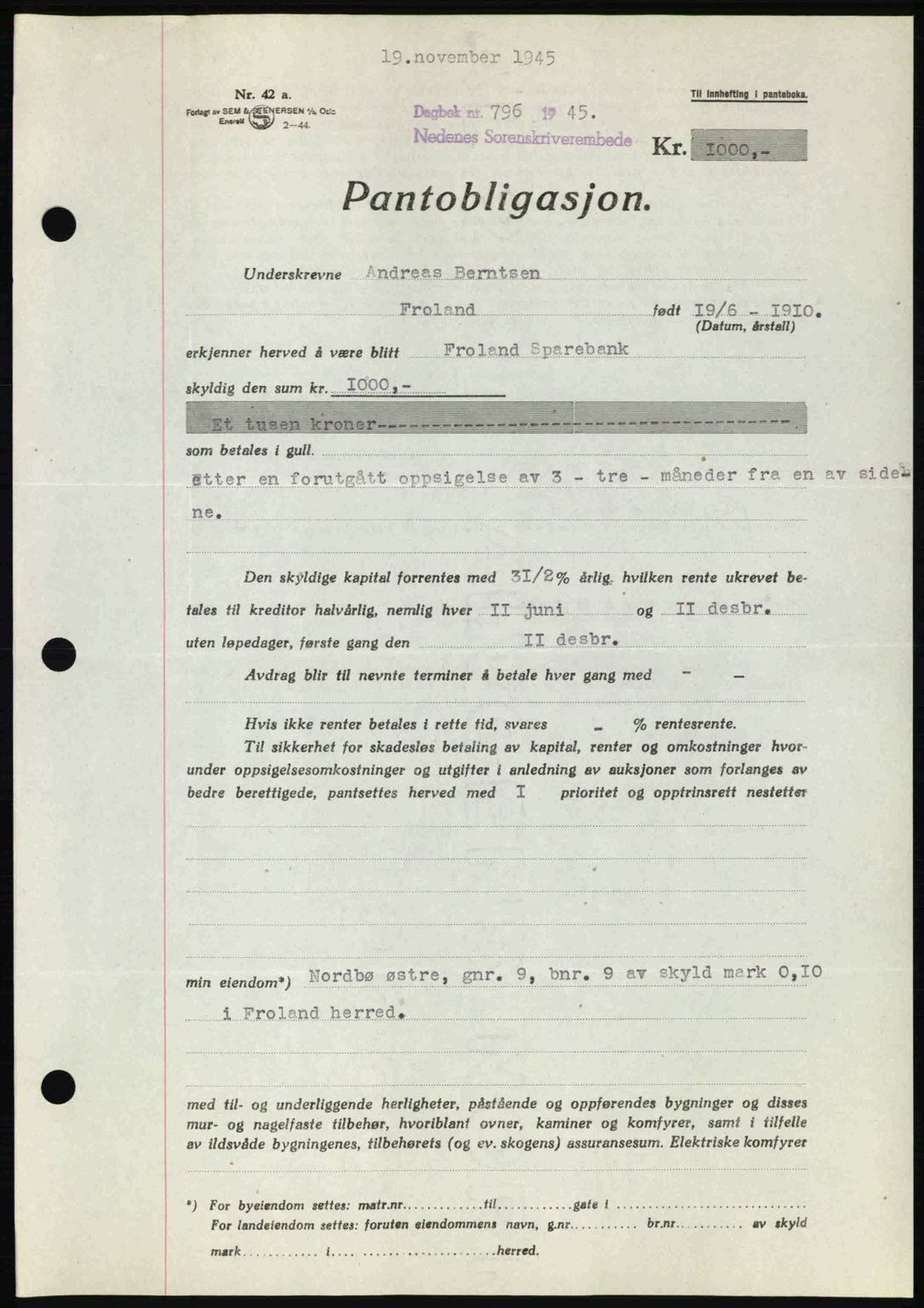 Nedenes sorenskriveri, SAK/1221-0006/G/Gb/Gbb/L0003: Pantebok nr. B3a, 1945-1945, Dagboknr: 796/1945