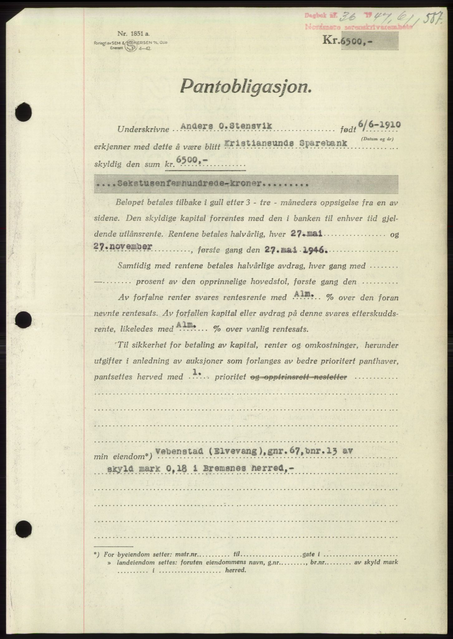 Nordmøre sorenskriveri, SAT/A-4132/1/2/2Ca: Pantebok nr. B95, 1946-1947, Dagboknr: 36/1947
