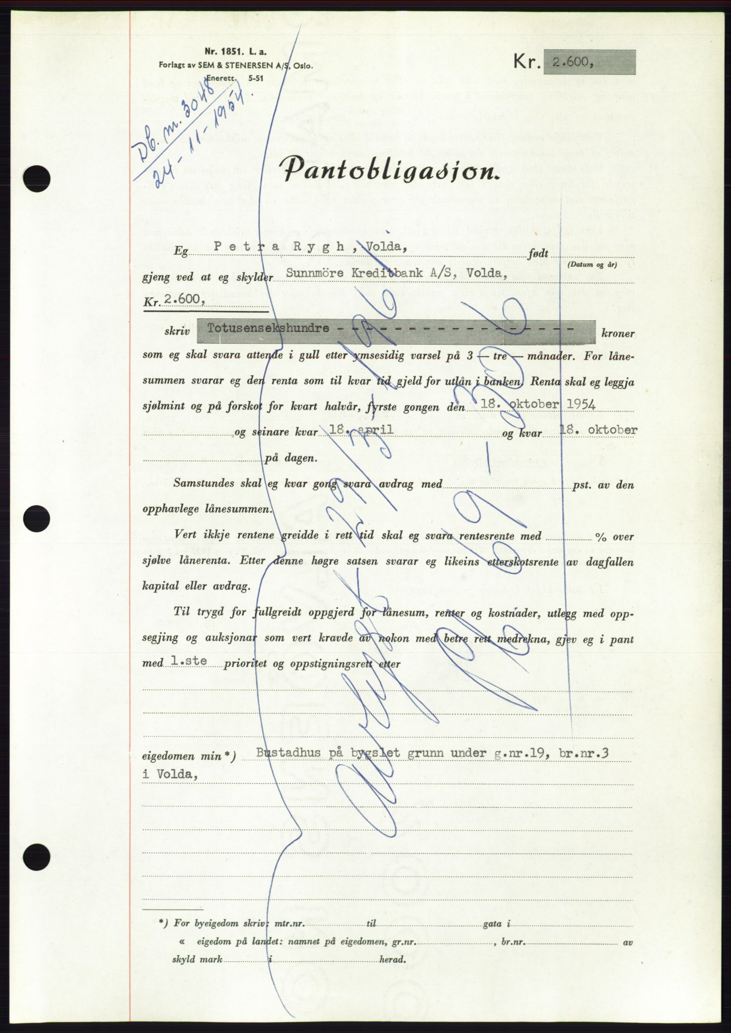 Søre Sunnmøre sorenskriveri, AV/SAT-A-4122/1/2/2C/L0126: Pantebok nr. 14B, 1954-1955, Dagboknr: 3048/1954