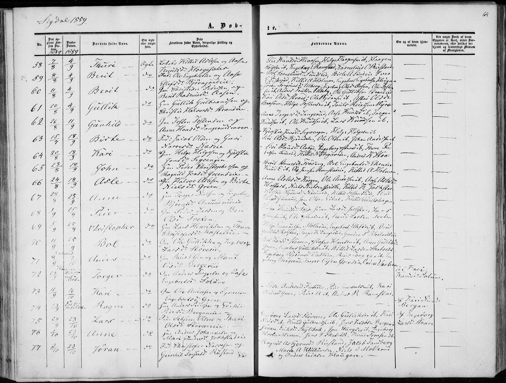 Sigdal kirkebøker, AV/SAKO-A-245/F/Fa/L0008: Ministerialbok nr. I 8, 1850-1859, s. 64