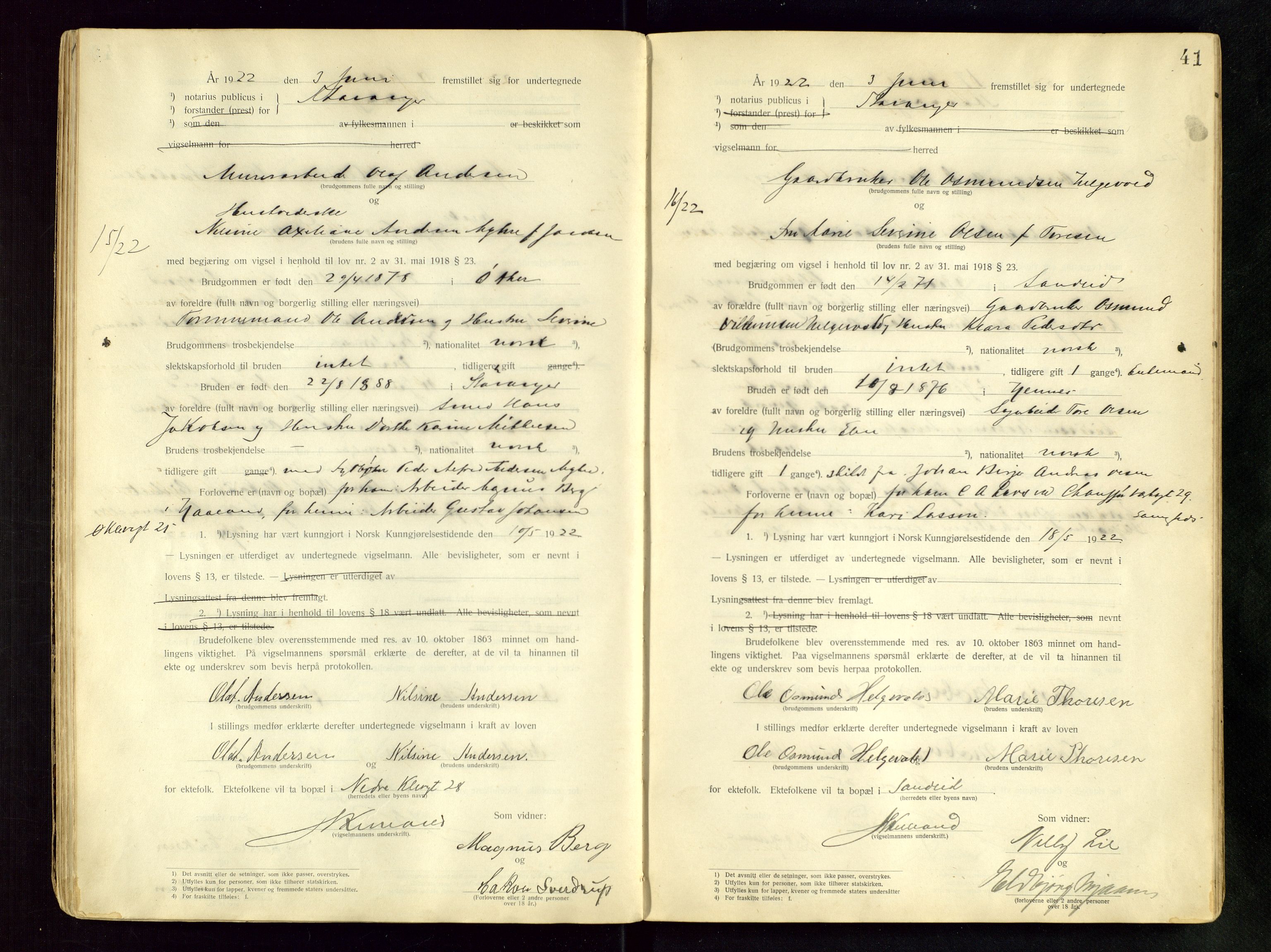 Stavanger byfogd, AV/SAST-A-101408/001/6/62/62BB/L0001: Vigselsprotokoll, 1920-1926, s. 41