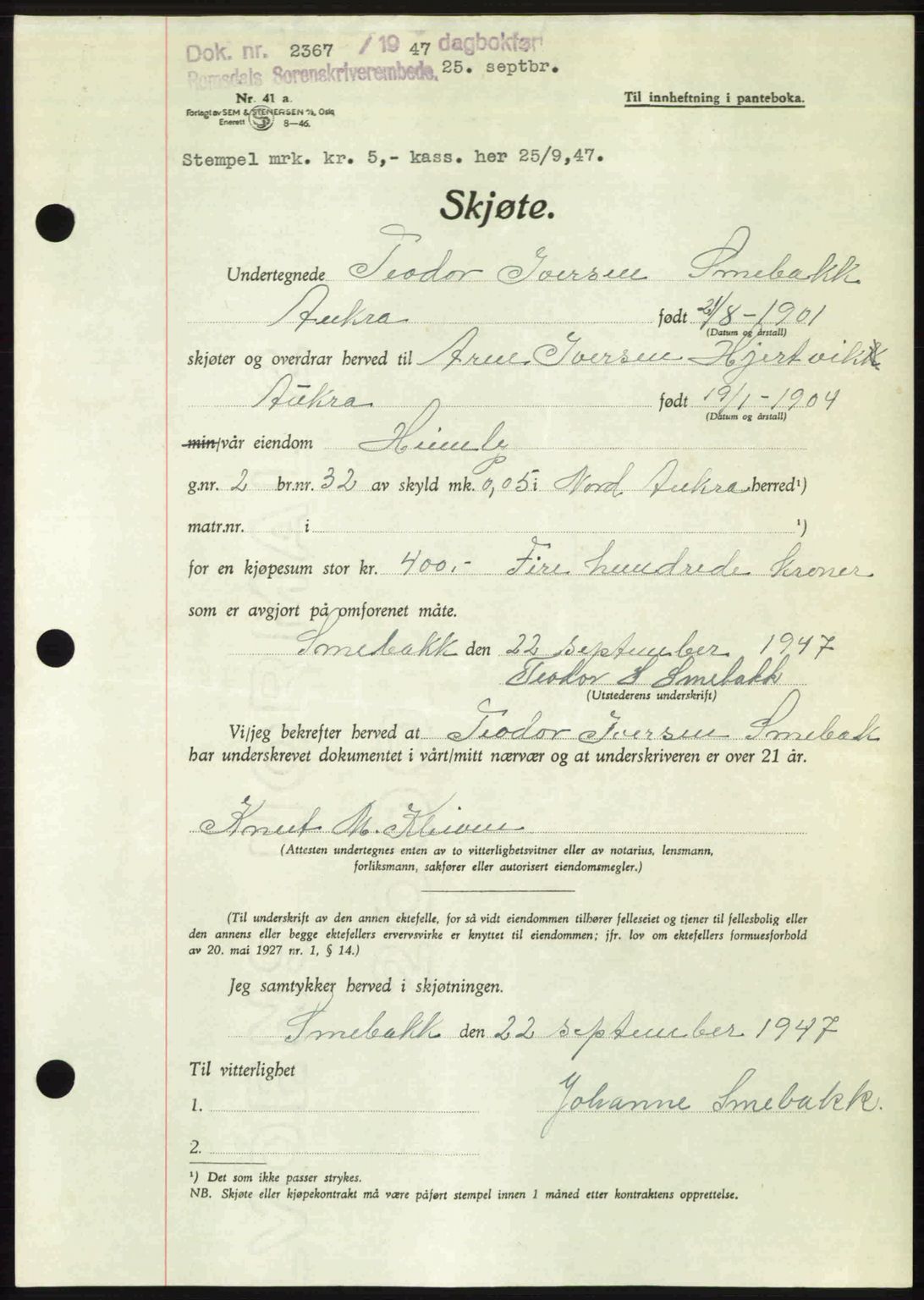 Romsdal sorenskriveri, AV/SAT-A-4149/1/2/2C: Pantebok nr. A24, 1947-1947, Dagboknr: 2367/1947