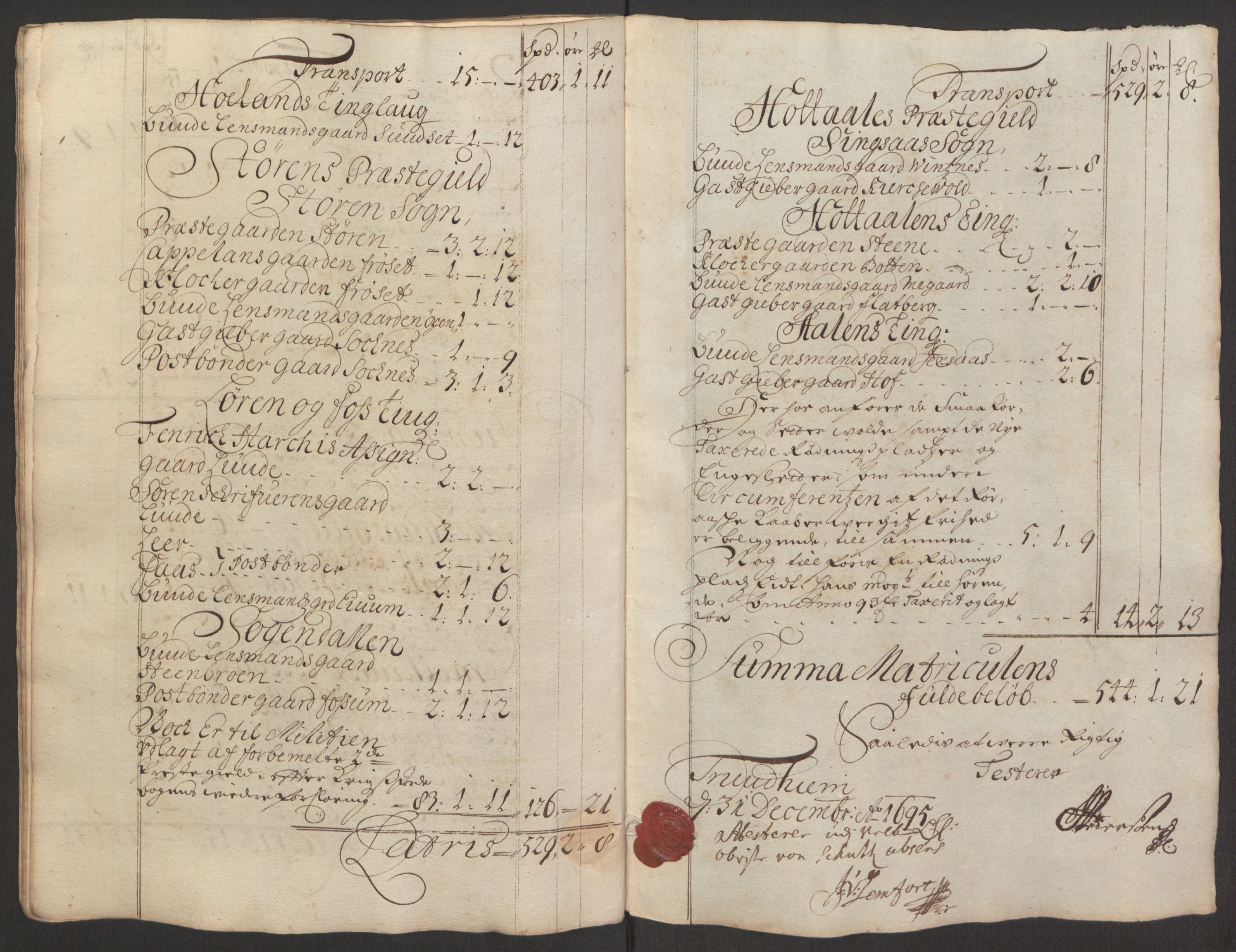 Rentekammeret inntil 1814, Reviderte regnskaper, Fogderegnskap, RA/EA-4092/R60/L3945: Fogderegnskap Orkdal og Gauldal, 1695, s. 315