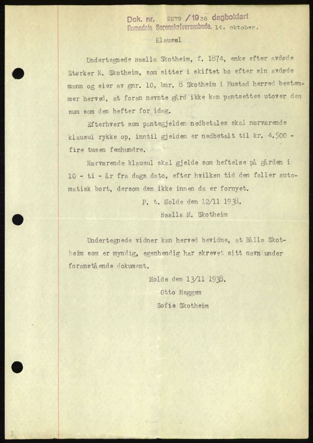 Romsdal sorenskriveri, SAT/A-4149/1/2/2C: Pantebok nr. B1, 1936-1939, Dagboknr: 2279/1938