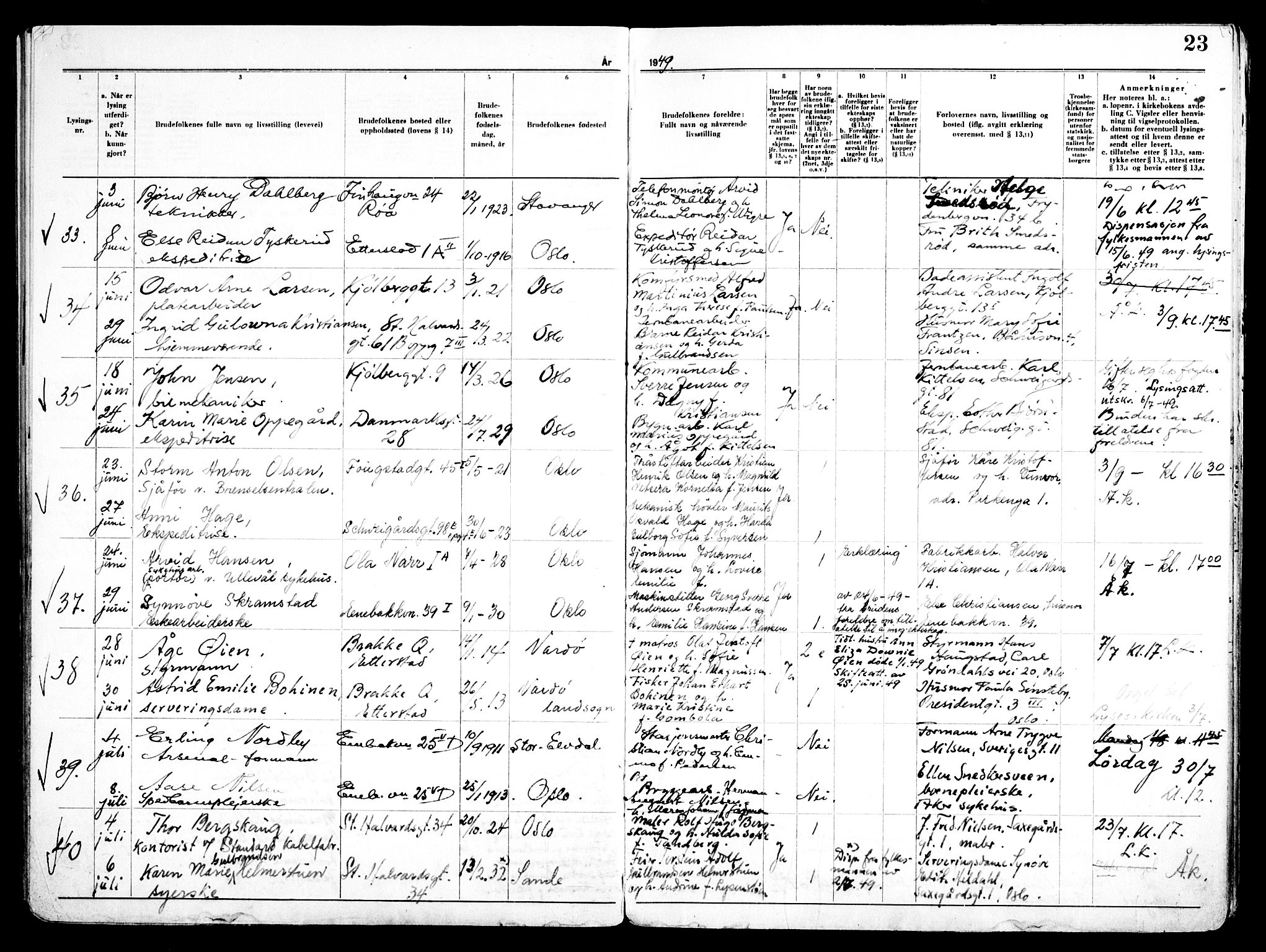 Vålerengen prestekontor Kirkebøker, AV/SAO-A-10878/H/Ha/L0005: Lysningsprotokoll nr. 5, 1947-1959, s. 23