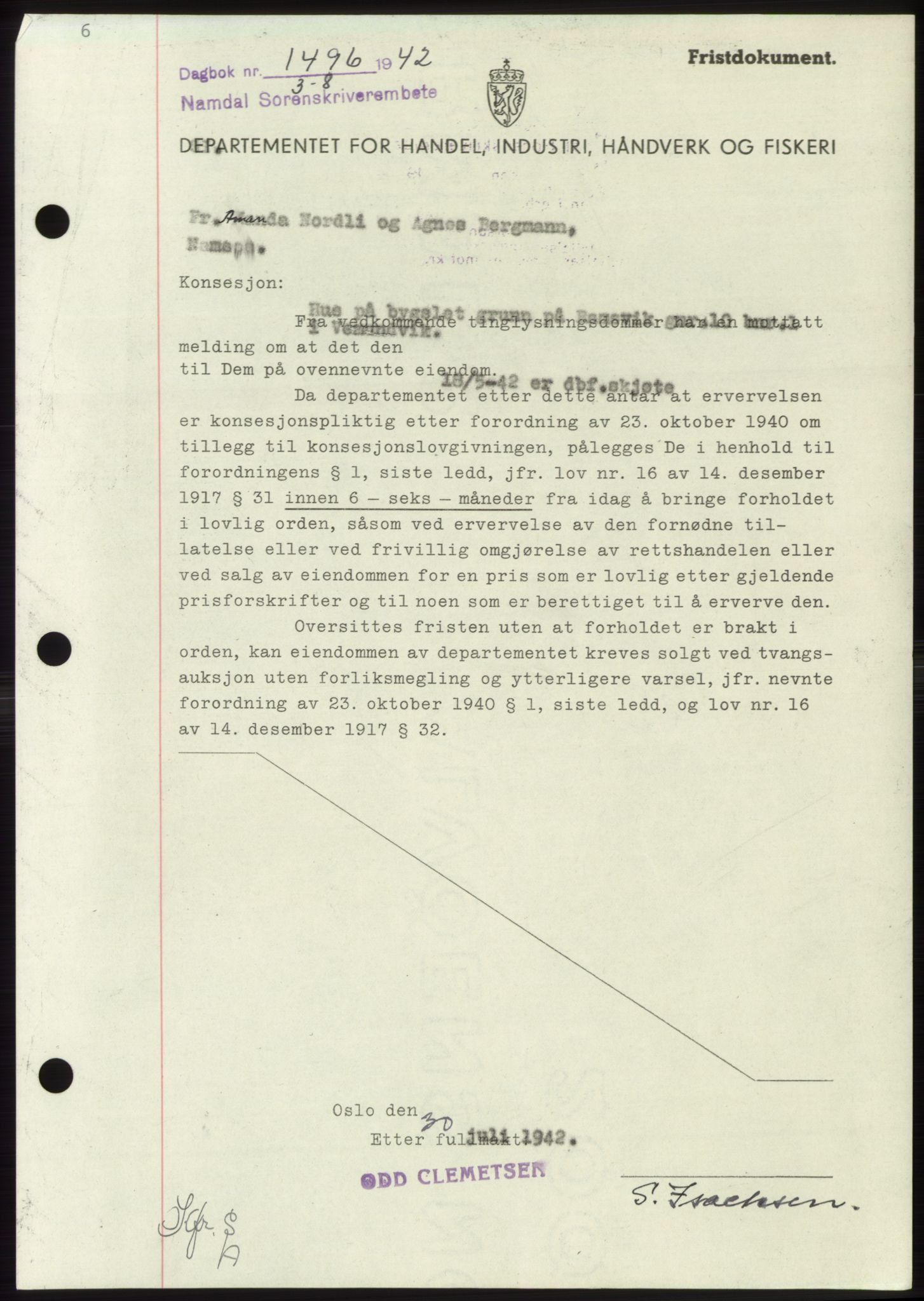 Namdal sorenskriveri, SAT/A-4133/1/2/2C: Pantebok nr. -, 1942-1943, Dagboknr: 1496/1942