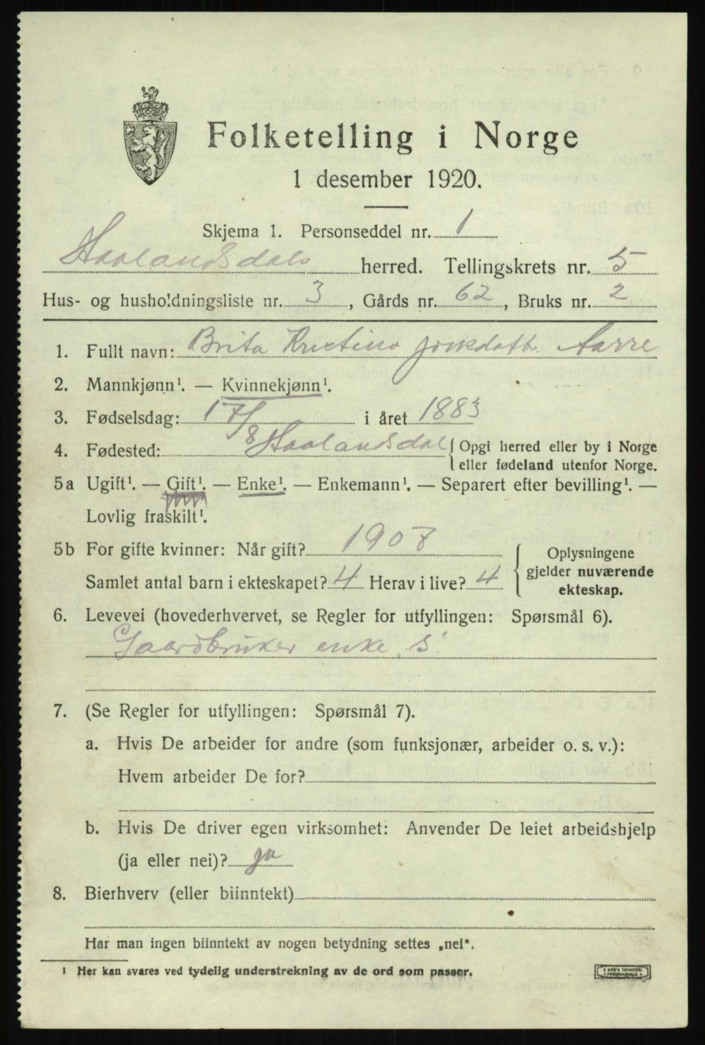 SAB, Folketelling 1920 for 1239 Hålandsdal herred, 1920, s. 1046
