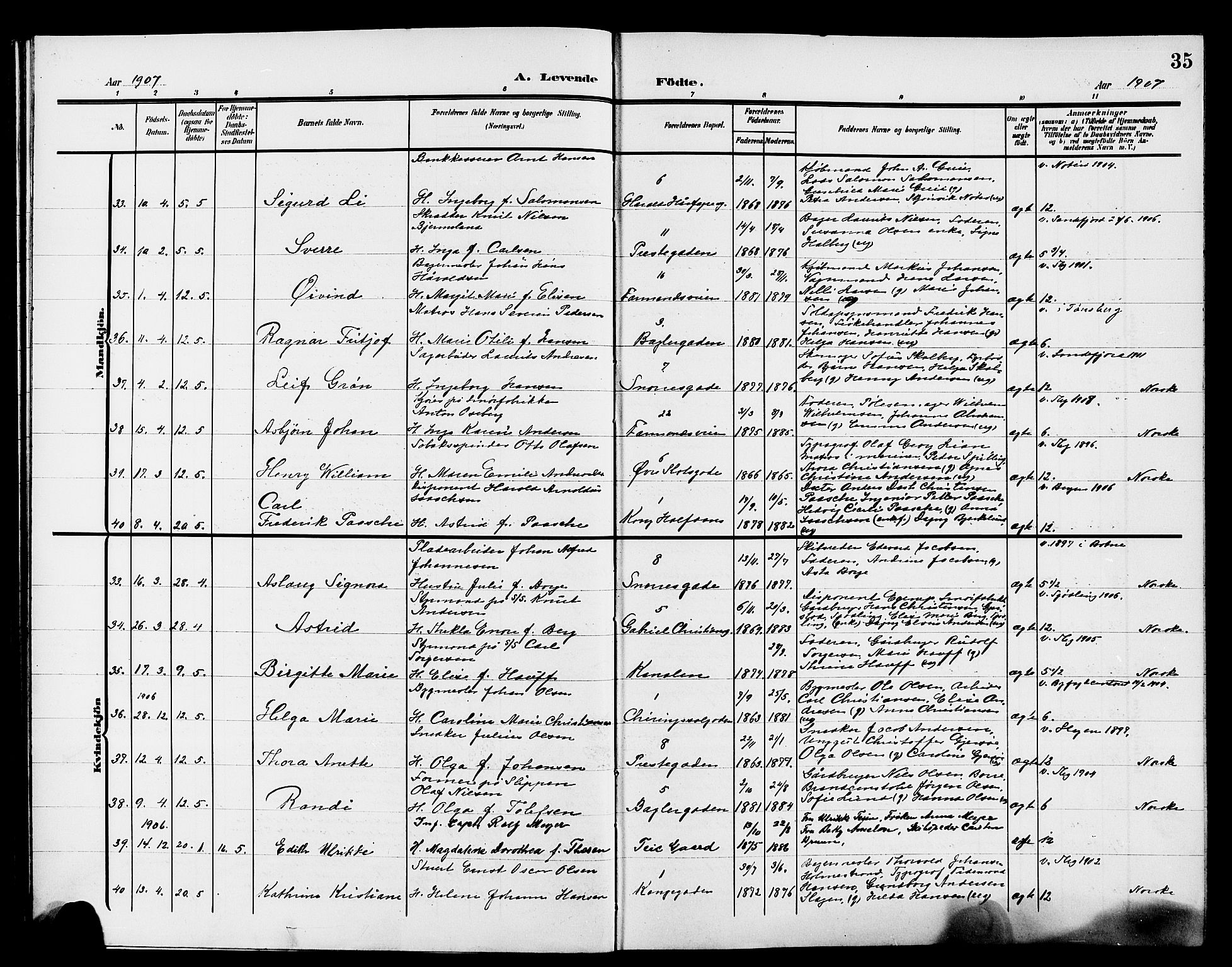 Tønsberg kirkebøker, AV/SAKO-A-330/G/Ga/L0008: Klokkerbok nr. 8, 1905-1912, s. 35