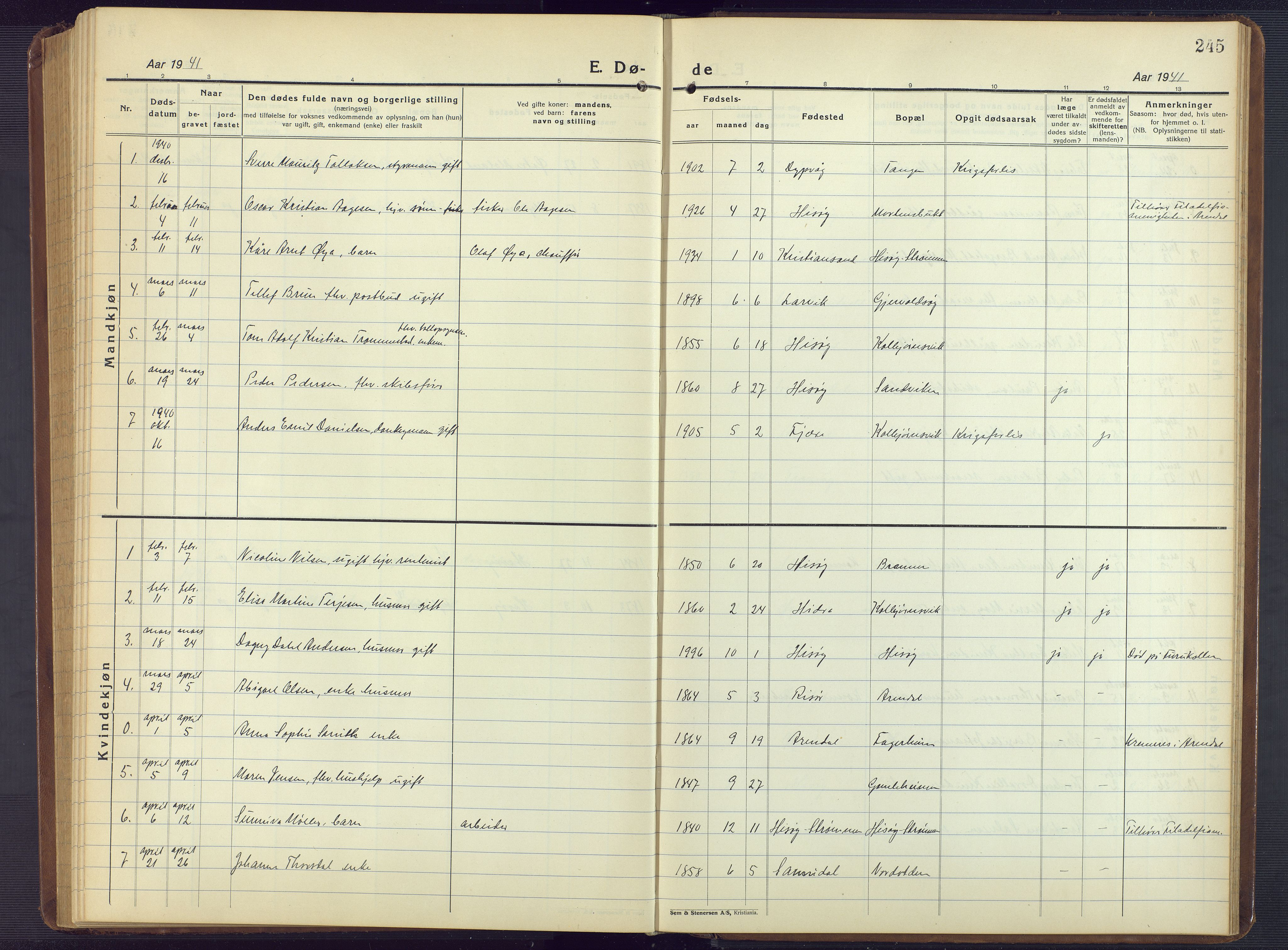 Hisøy sokneprestkontor, AV/SAK-1111-0020/F/Fb/L0005: Klokkerbok nr. B 5, 1924-1946, s. 245