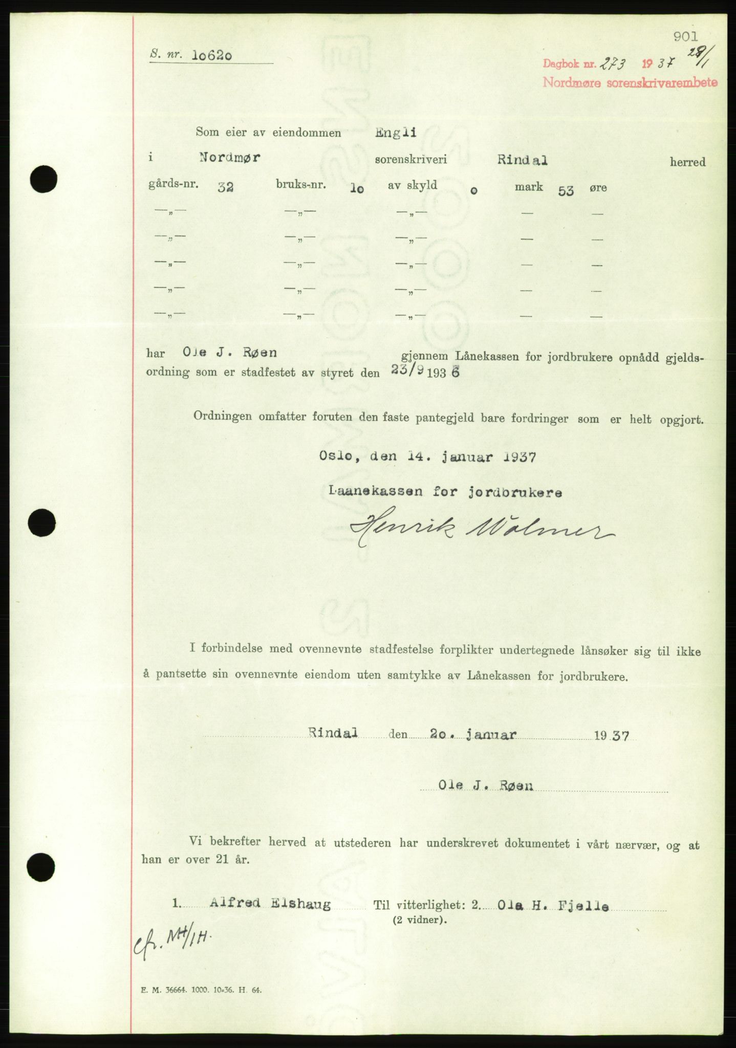 Nordmøre sorenskriveri, AV/SAT-A-4132/1/2/2Ca/L0090: Pantebok nr. B80, 1936-1937, Dagboknr: 273/1937