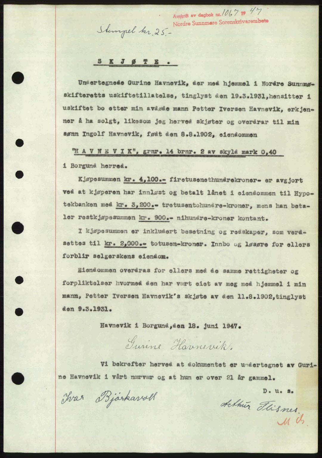 Nordre Sunnmøre sorenskriveri, SAT/A-0006/1/2/2C/2Ca: Pantebok nr. A24, 1947-1947, Dagboknr: 1067/1947